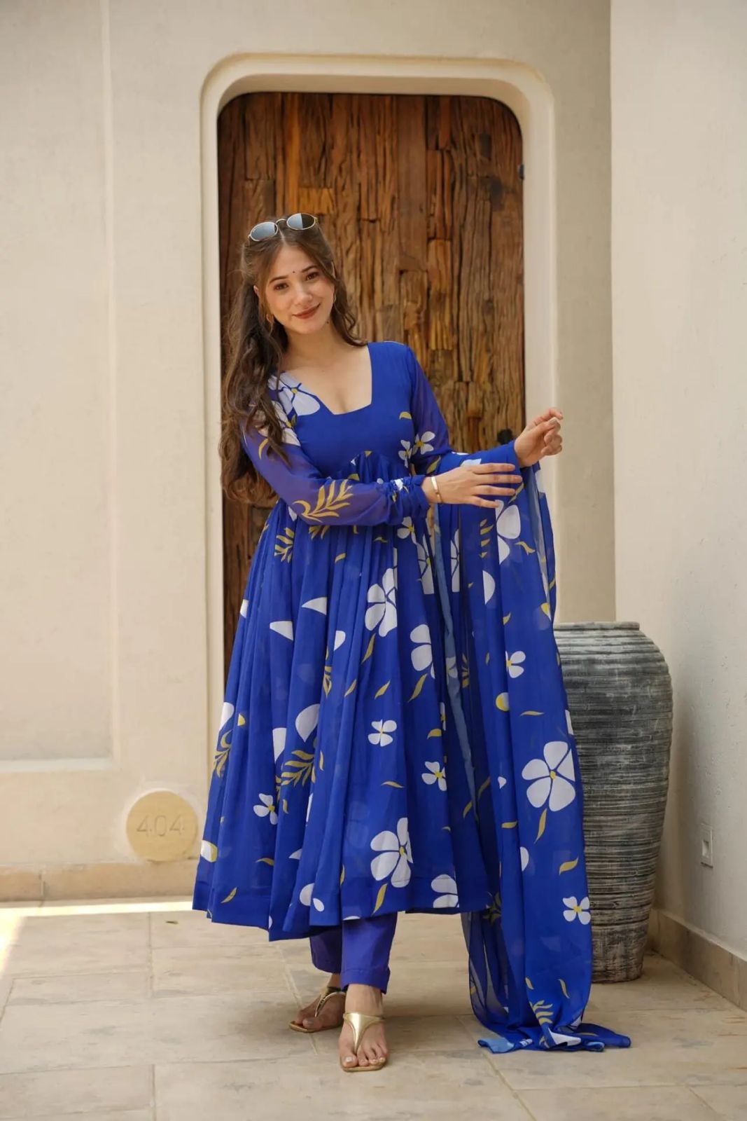 Marriage Special Blue Color Georgette Fabric With Digital Printed Anarkali Suit