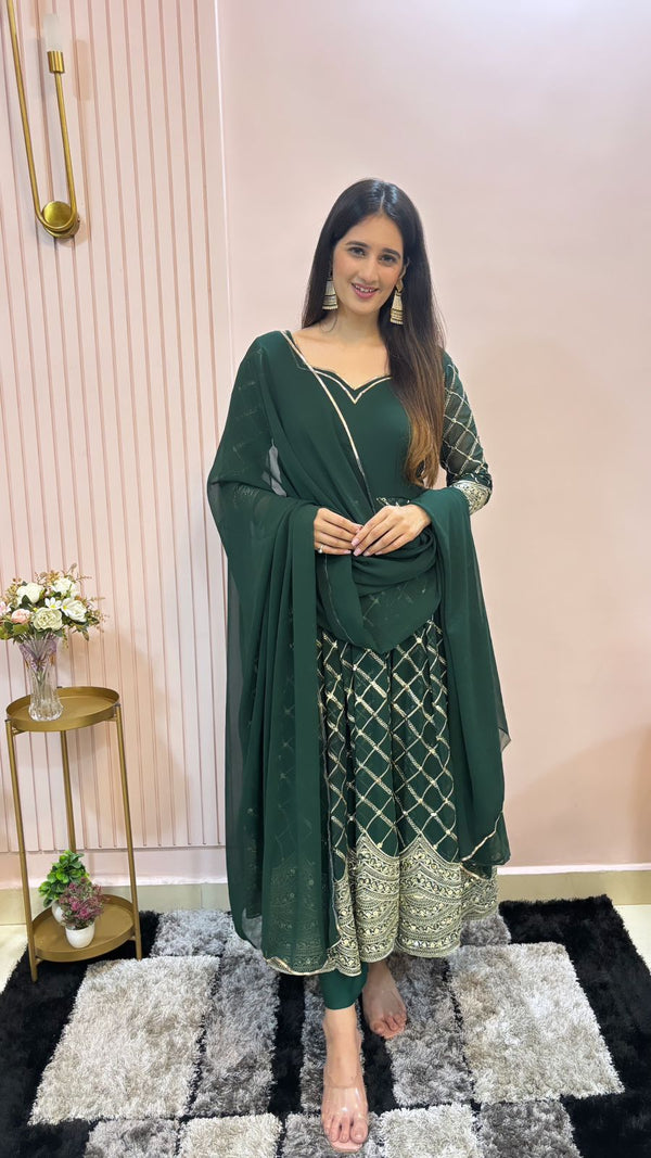 Latest Designer Heavy Faux Georgette Green Color Anarkali Suit
