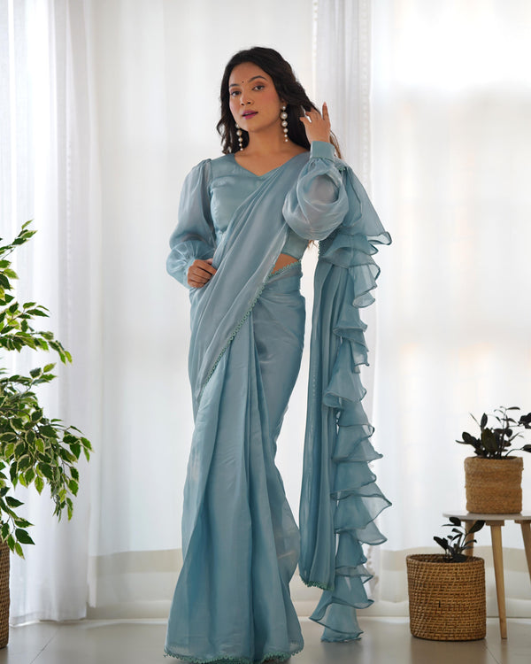 Sky Blue Organza Party Wear Ready To Wear Saree With Stich Blouse