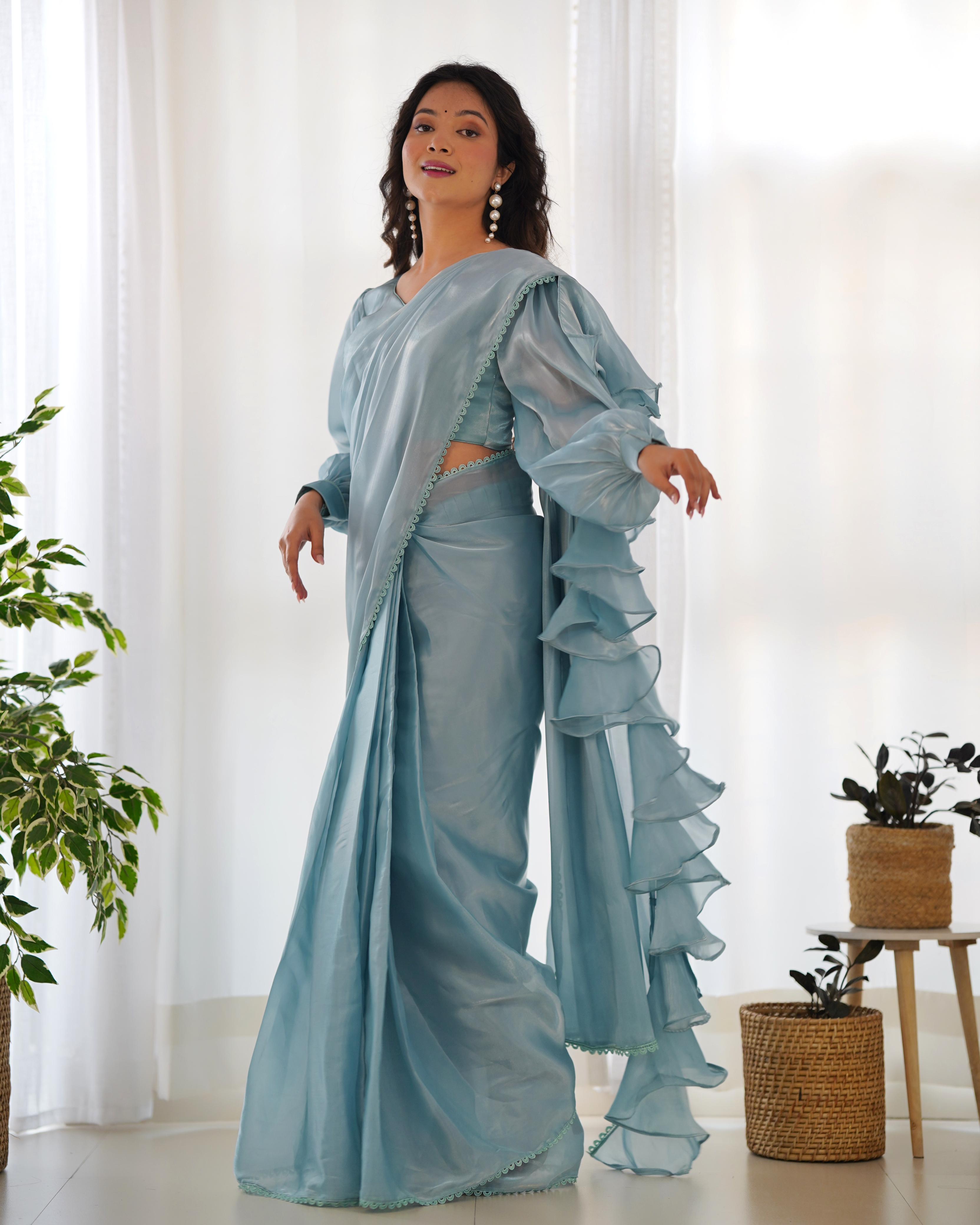 Sky Blue Organza Party Wear Ready To Wear Saree With Stich Blouse