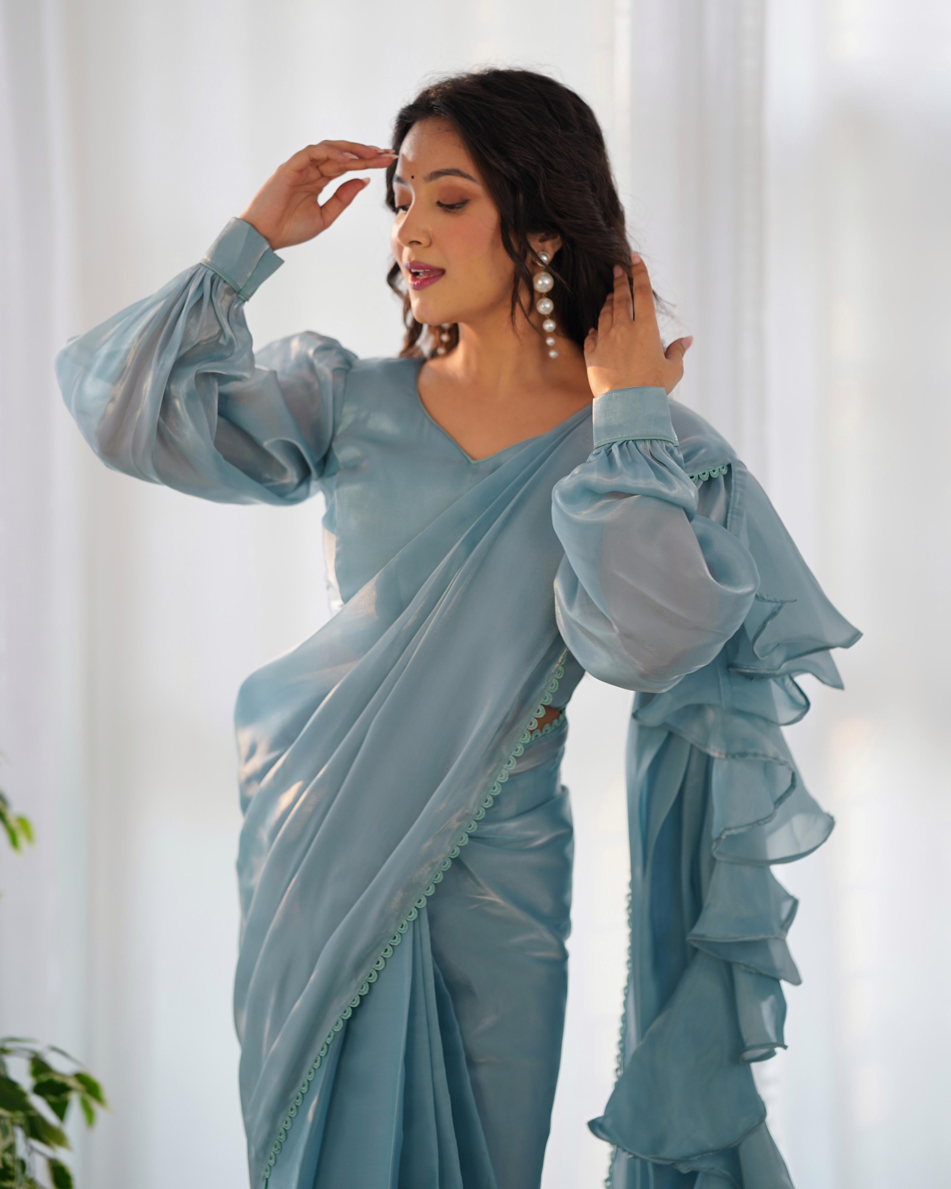 Sky Blue Organza Party Wear Ready To Wear Saree With Stich Blouse