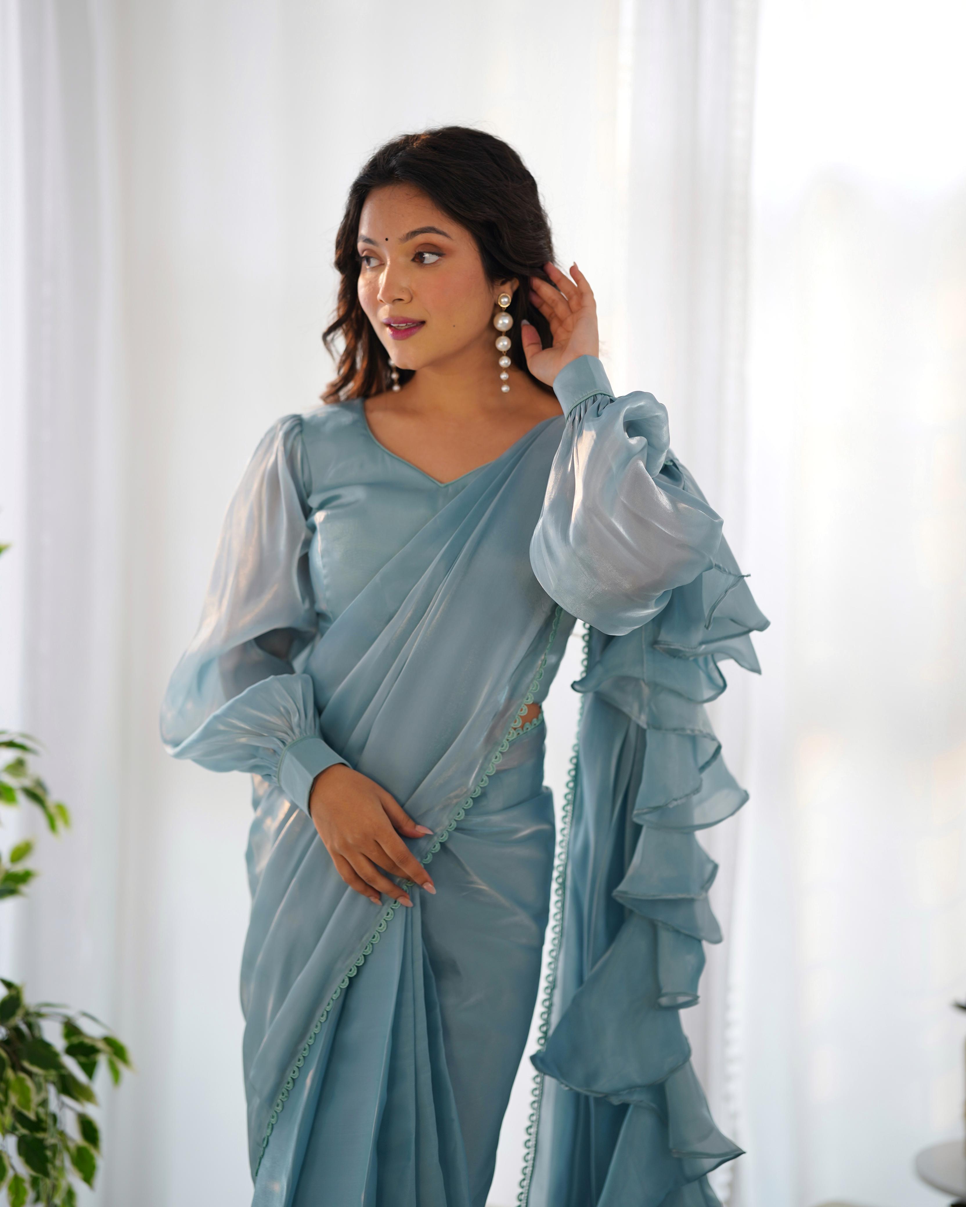 Sky Blue Organza Party Wear Ready To Wear Saree With Stich Blouse