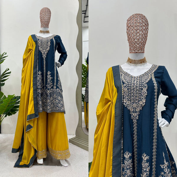Wedding Wear Blue Color Chinon Silk Sequence Thread Work Salwar Suit