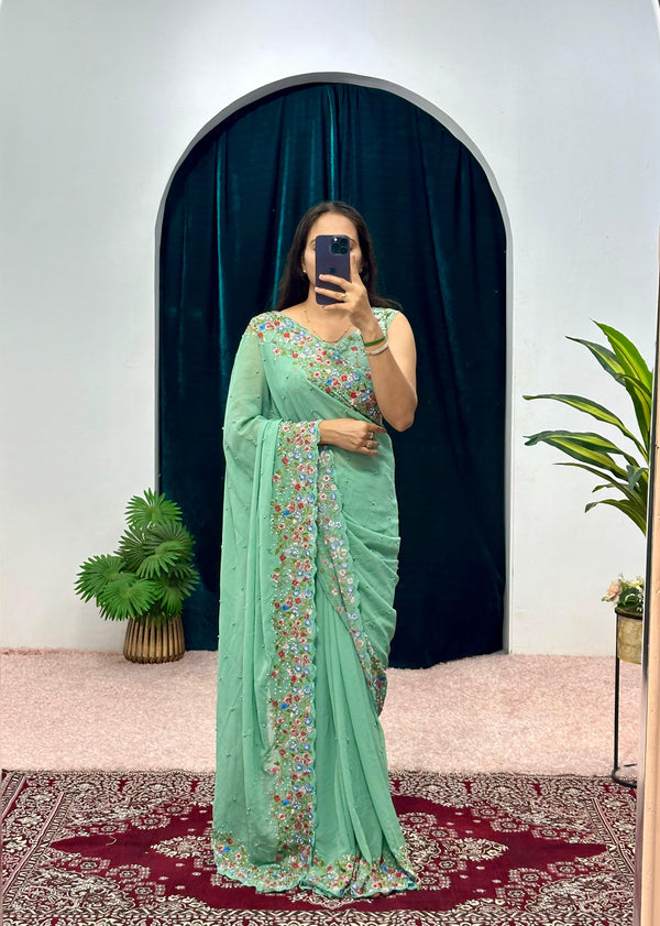 Wedding Wear Green Color Embroidery Thread And Hand Work Saree