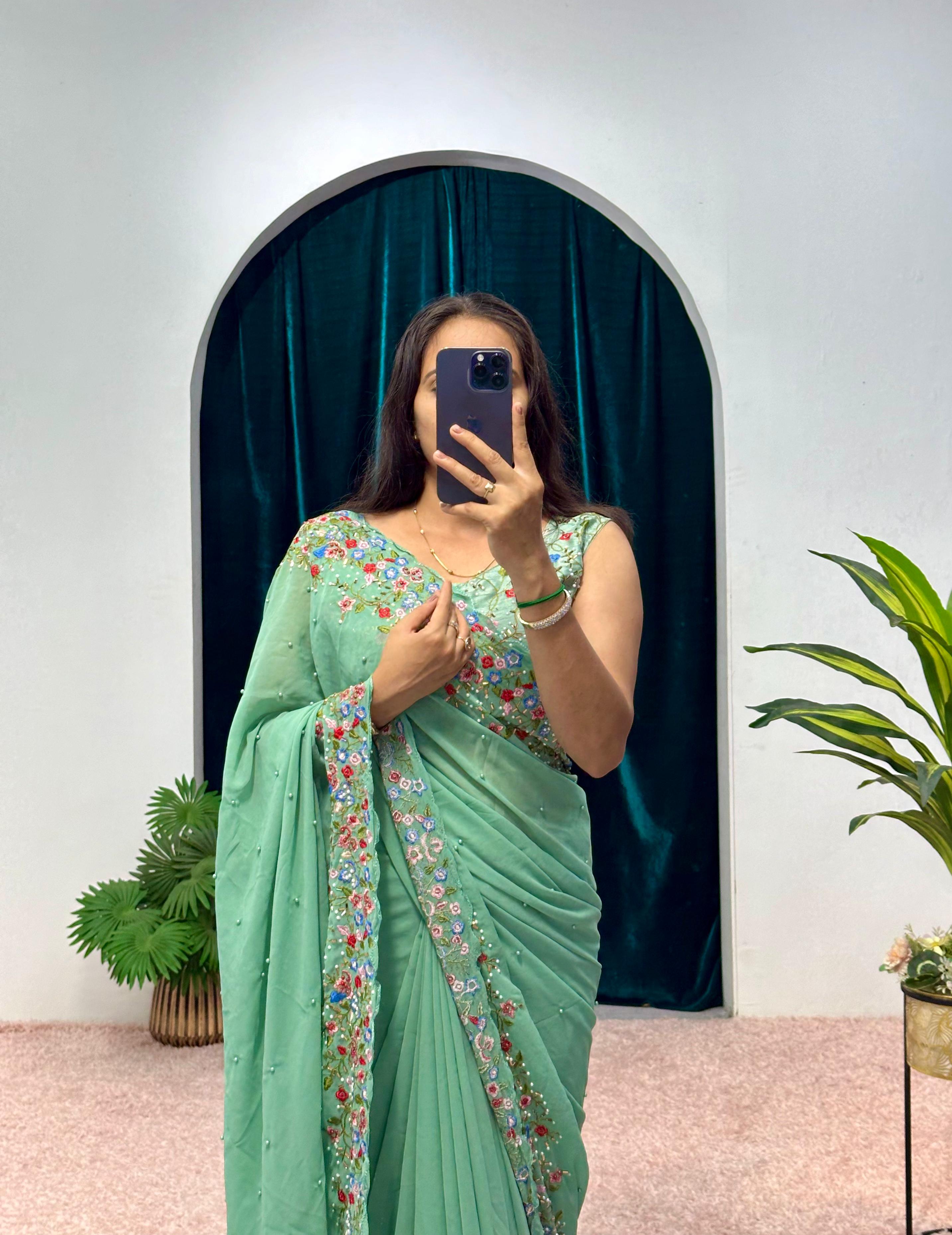 Wedding Wear Green Color Embroidery Thread And Hand Work Saree