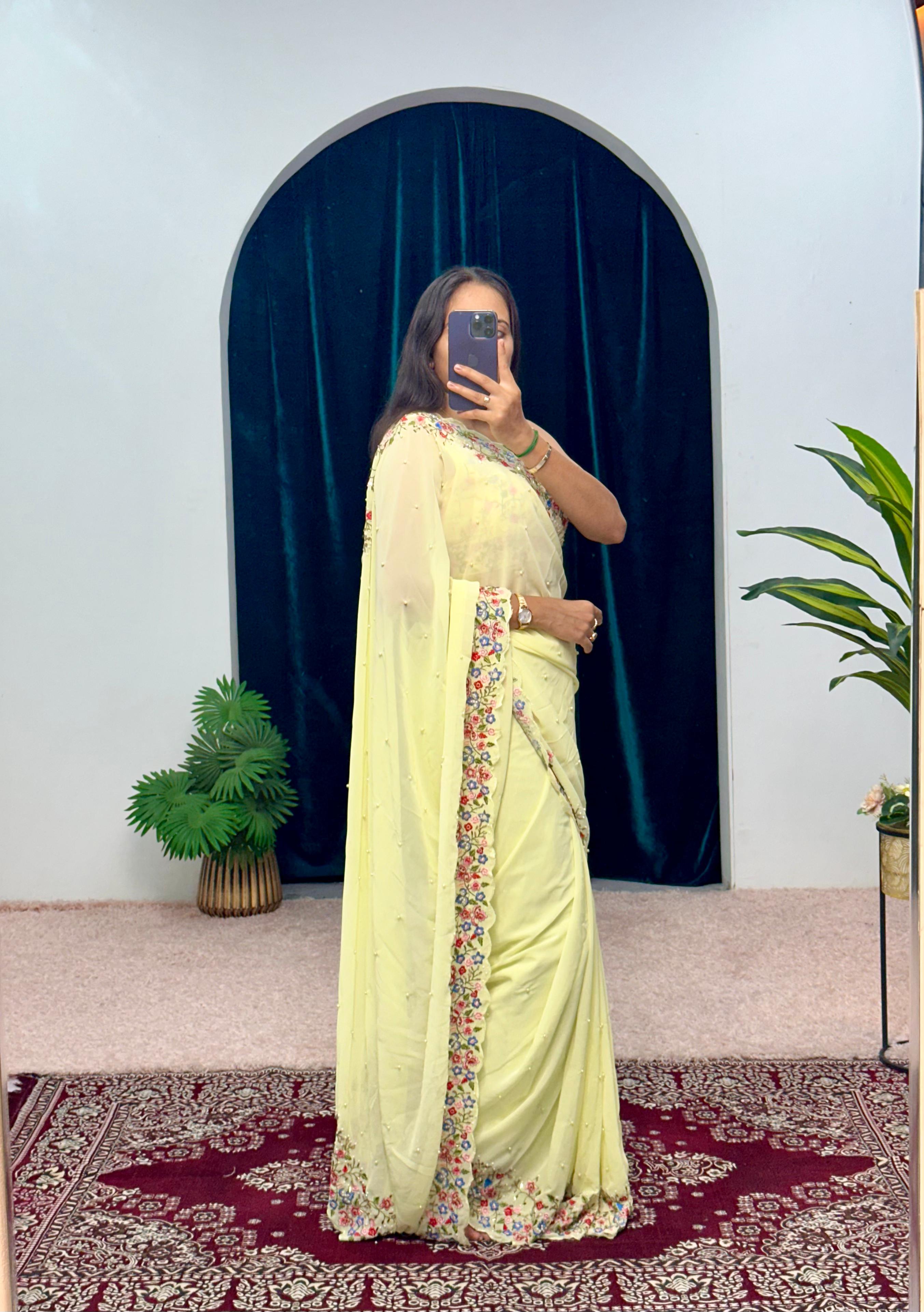 Haldi Wear Light Yellow Color Embroidery Thread And Hand Work Saree