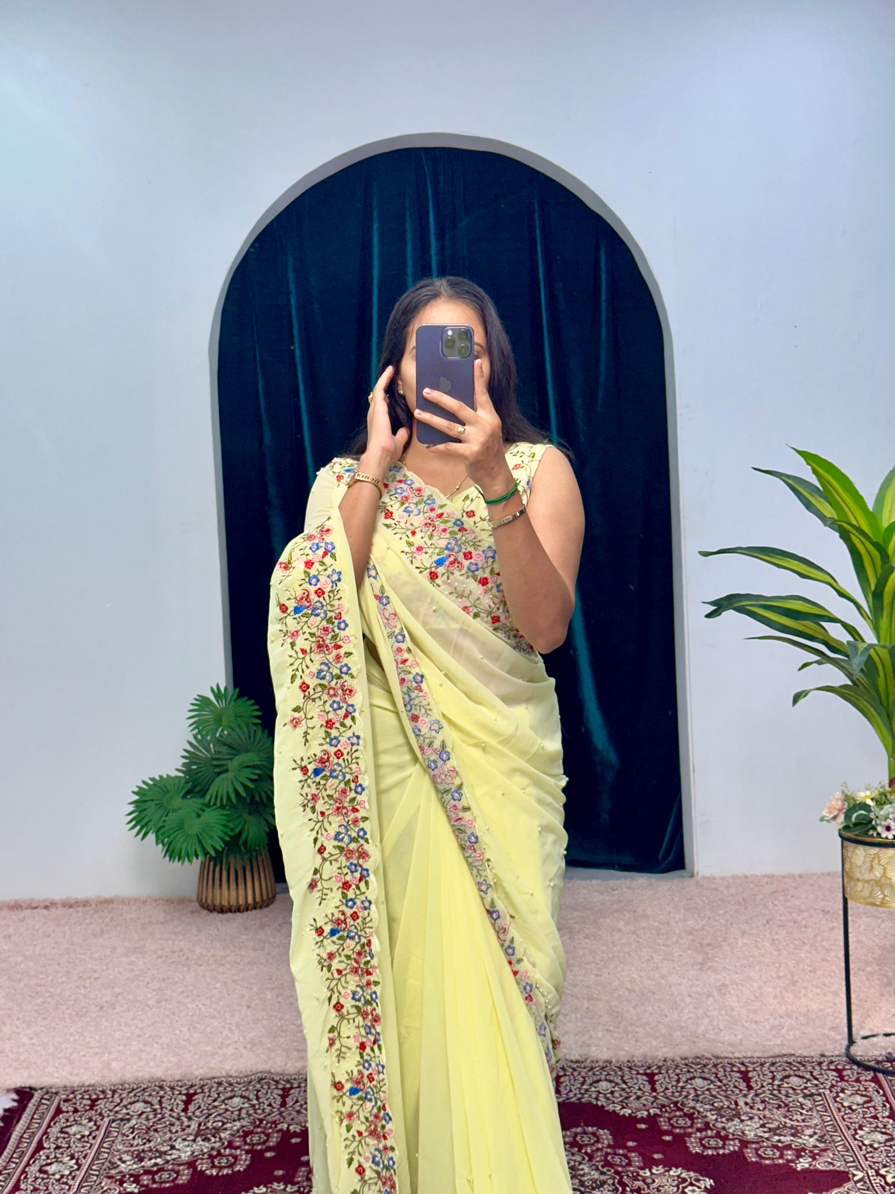 Haldi Wear Light Yellow Color Embroidery Thread And Hand Work Saree