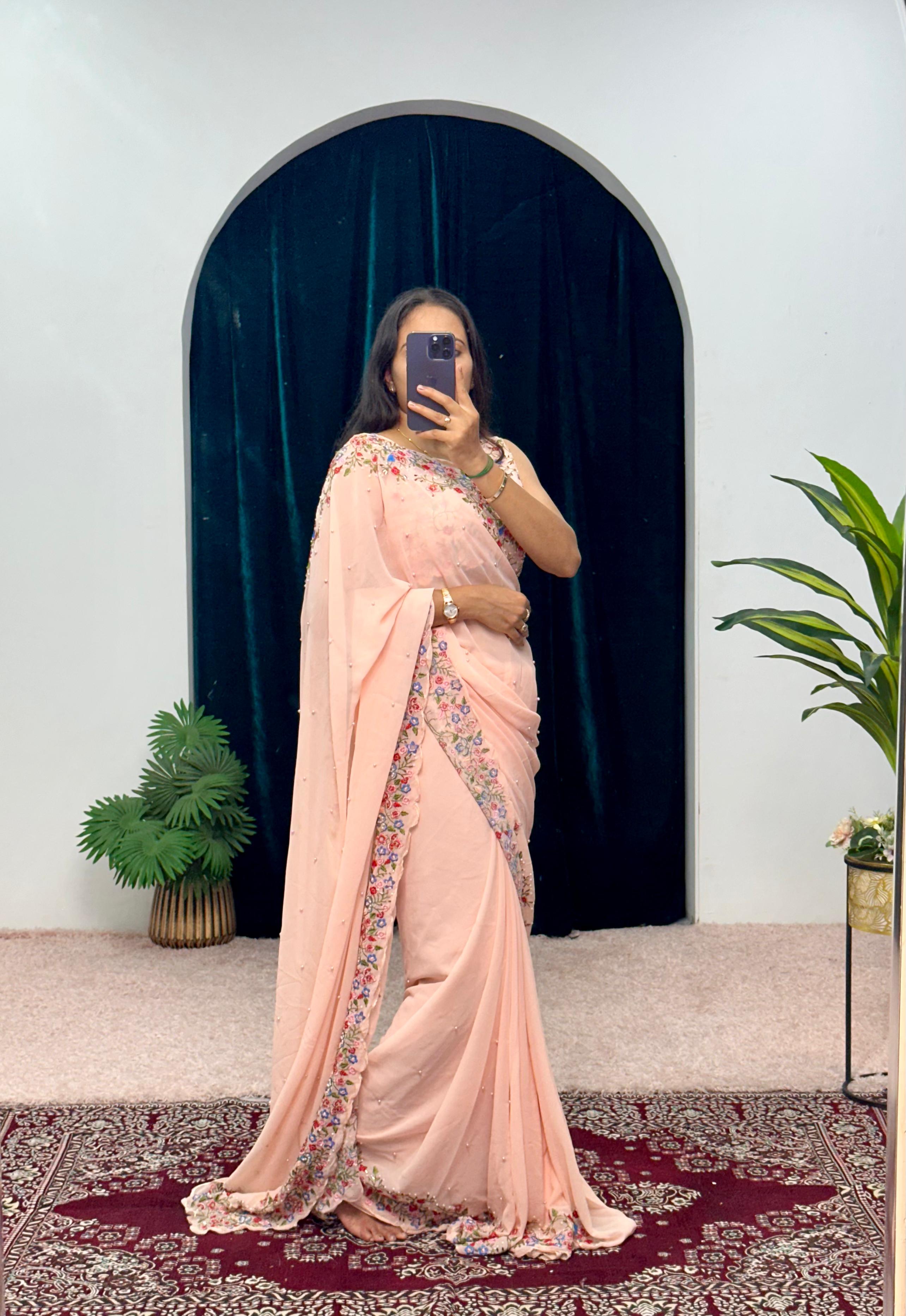 Party Wear Peach Color Embroidery Thread And Hand Work Saree