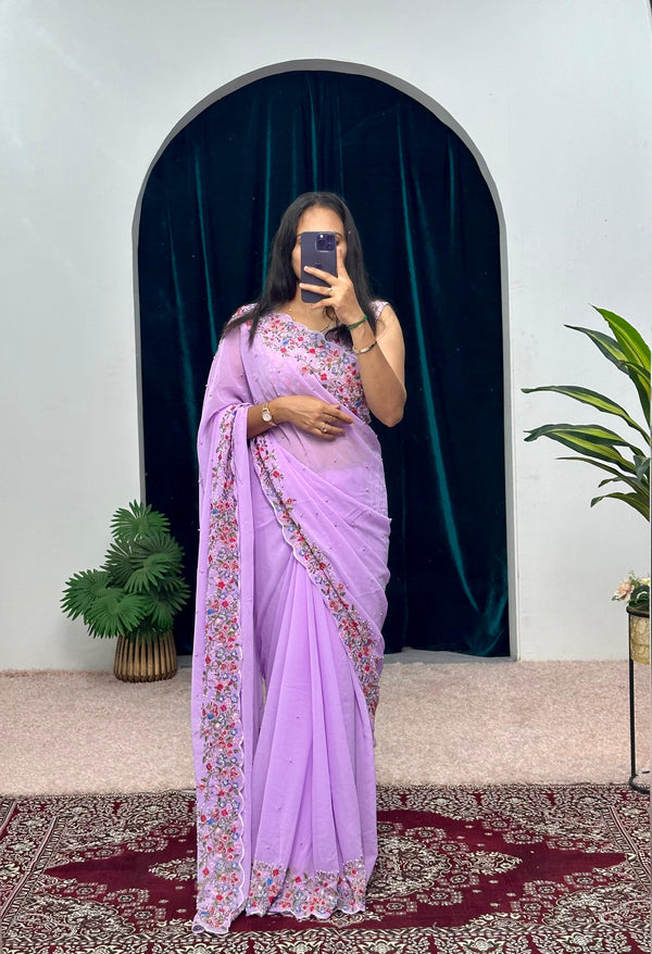 Attractive Purple Color Embroidery Thread And Hand Work Saree