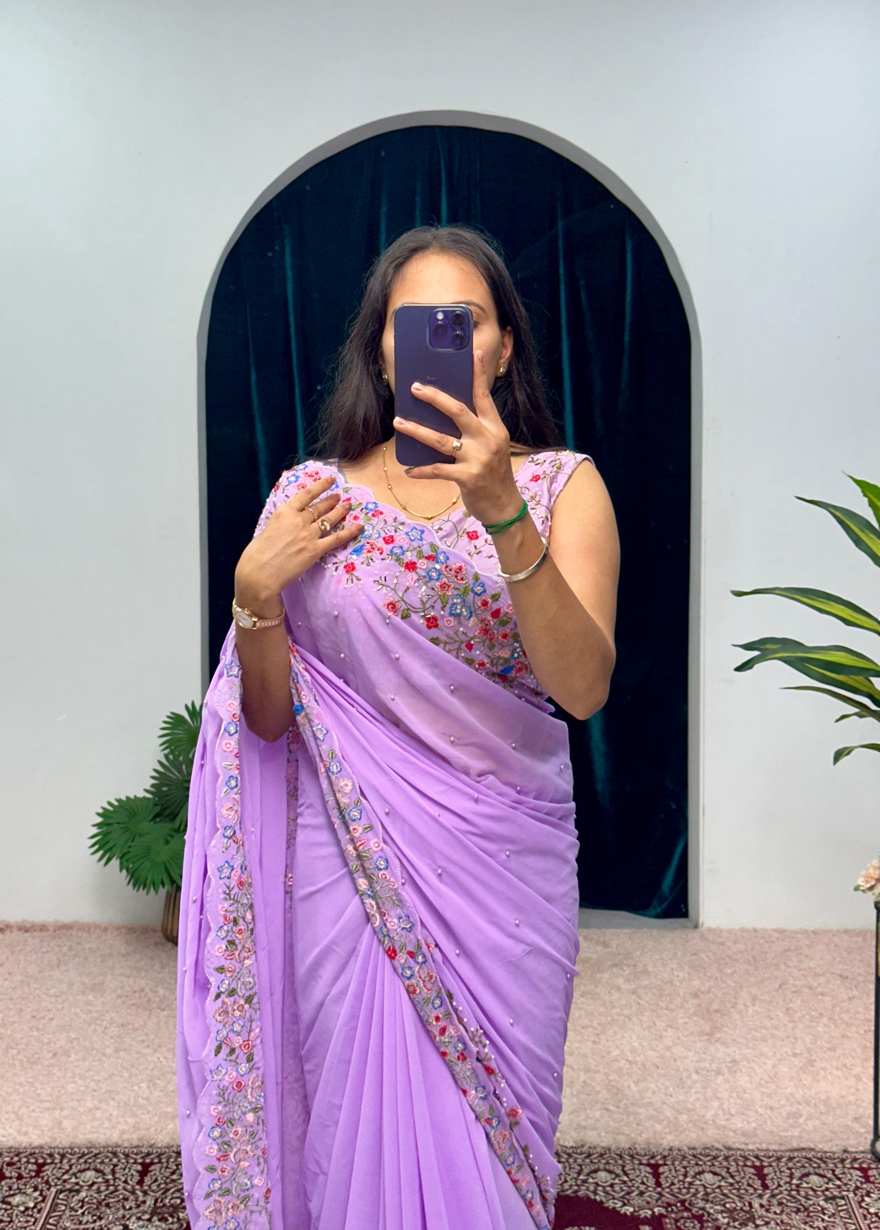 Attractive Purple Color Embroidery Thread And Hand Work Saree