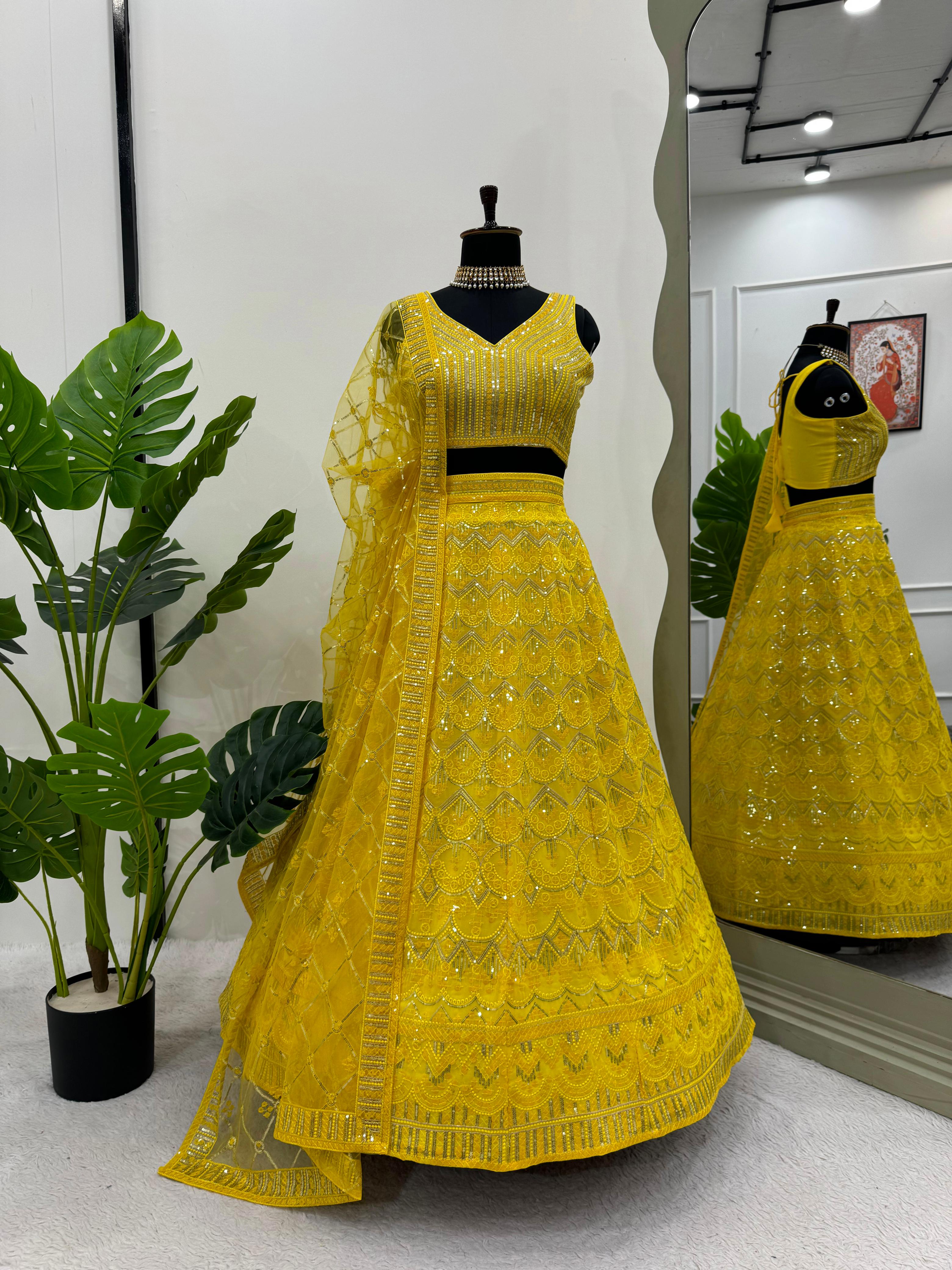 Yellow Color Foux Georgette Thread With Sequence Work Haldi Special Lehenga Choli Set