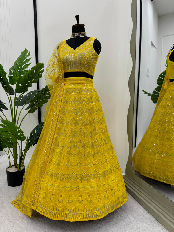 Yellow Color Foux Georgette Thread With Sequence Work Haldi Special Lehenga Choli Set