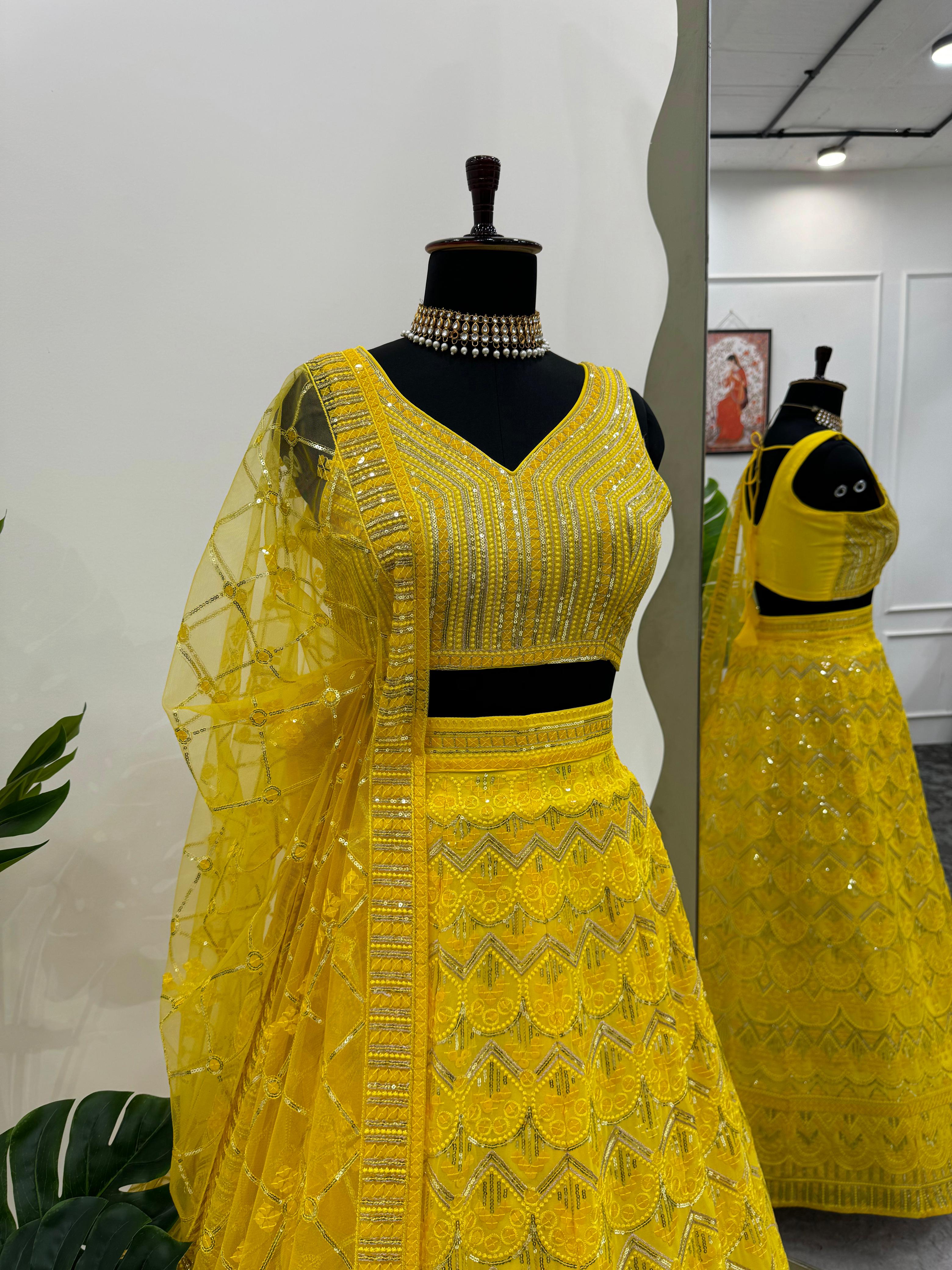 Yellow Color Foux Georgette Thread With Sequence Work Haldi Special Lehenga Choli Set