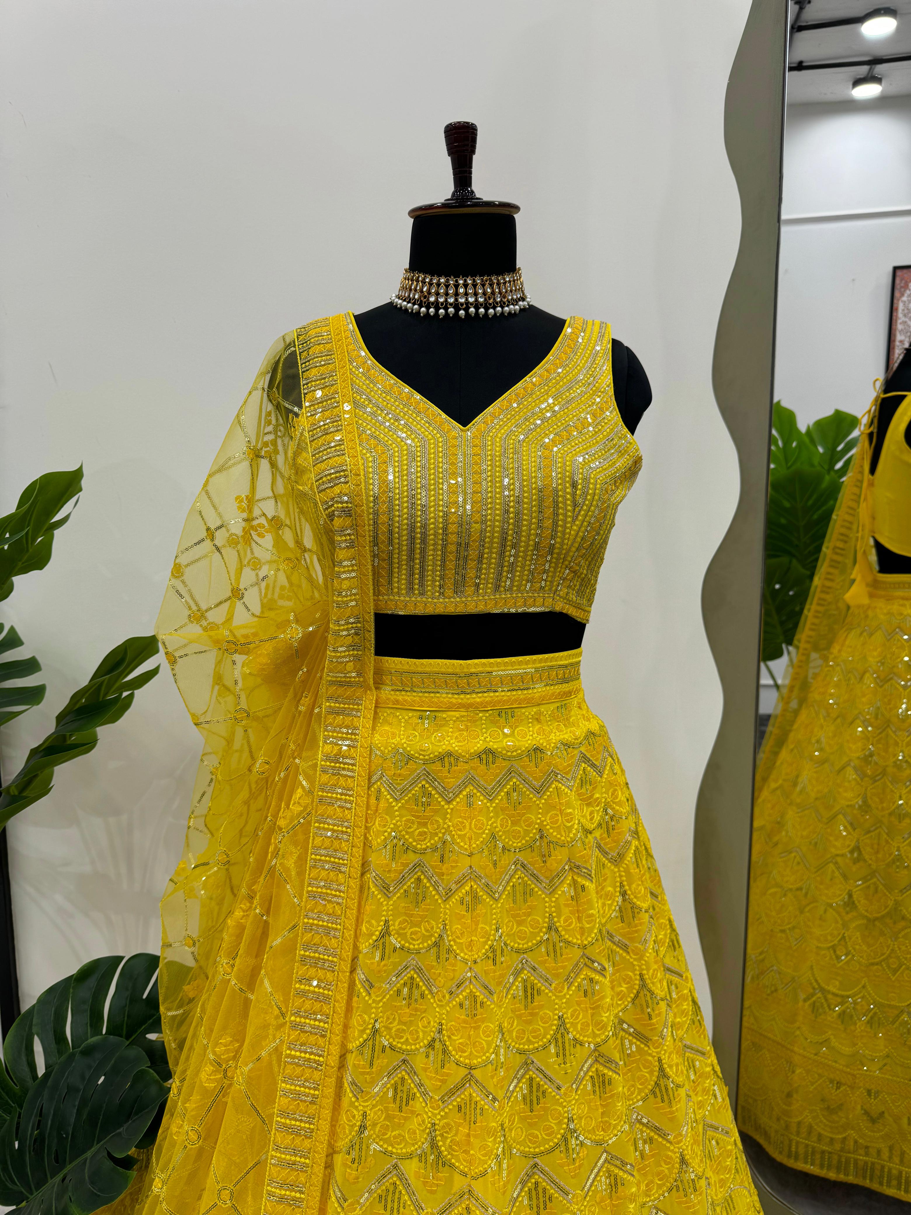 Yellow Color Foux Georgette Thread With Sequence Work Haldi Special Lehenga Choli Set