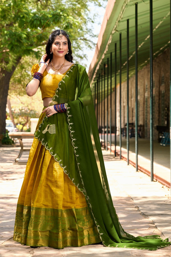 Gorgeous Yellow Zari Woven Kanchipuram Silk Half Saree Lehenga