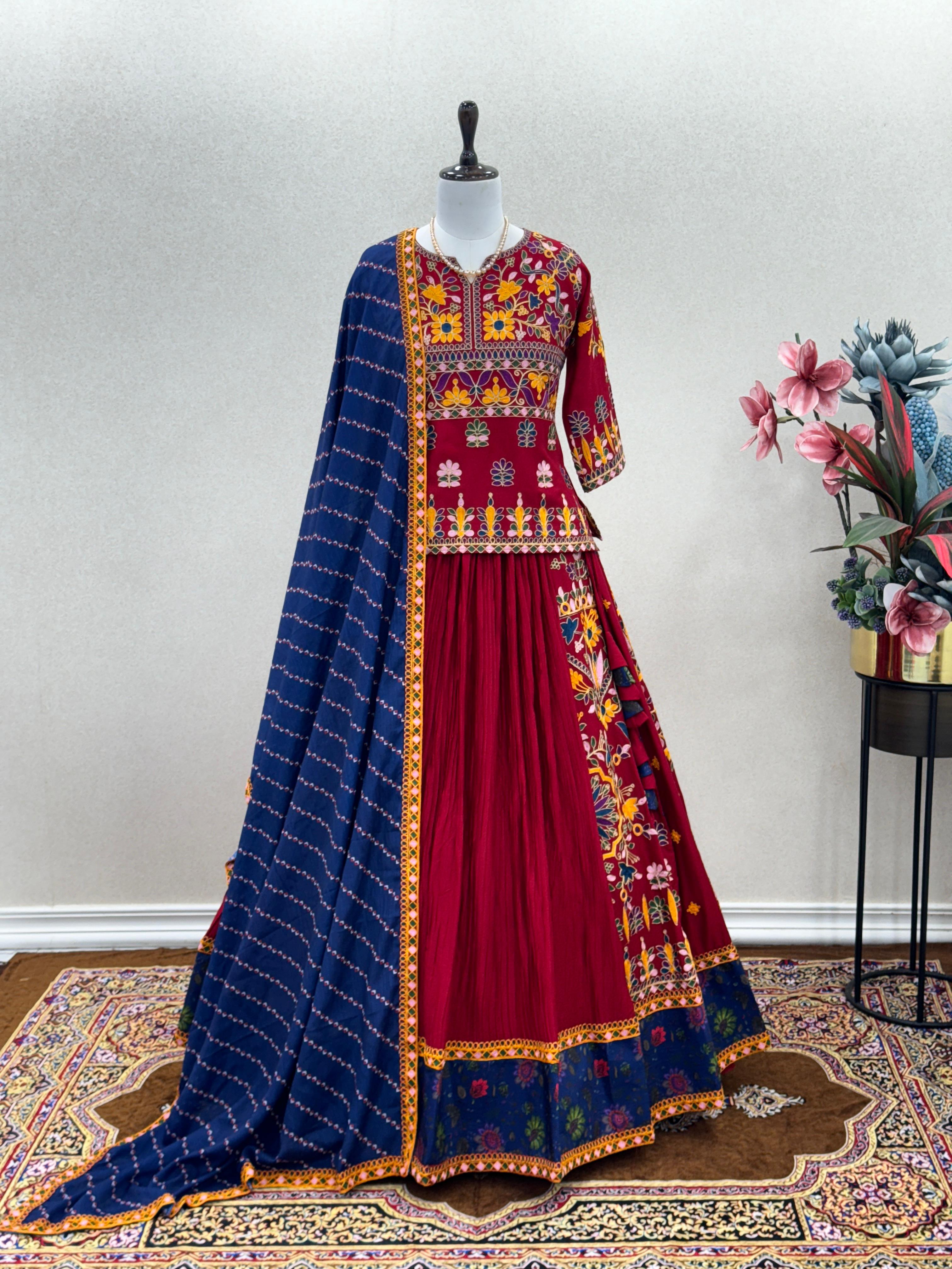 Navratri Style Pure Rayon And Intricately Embroidered Gamthi Work Lehenga Choli