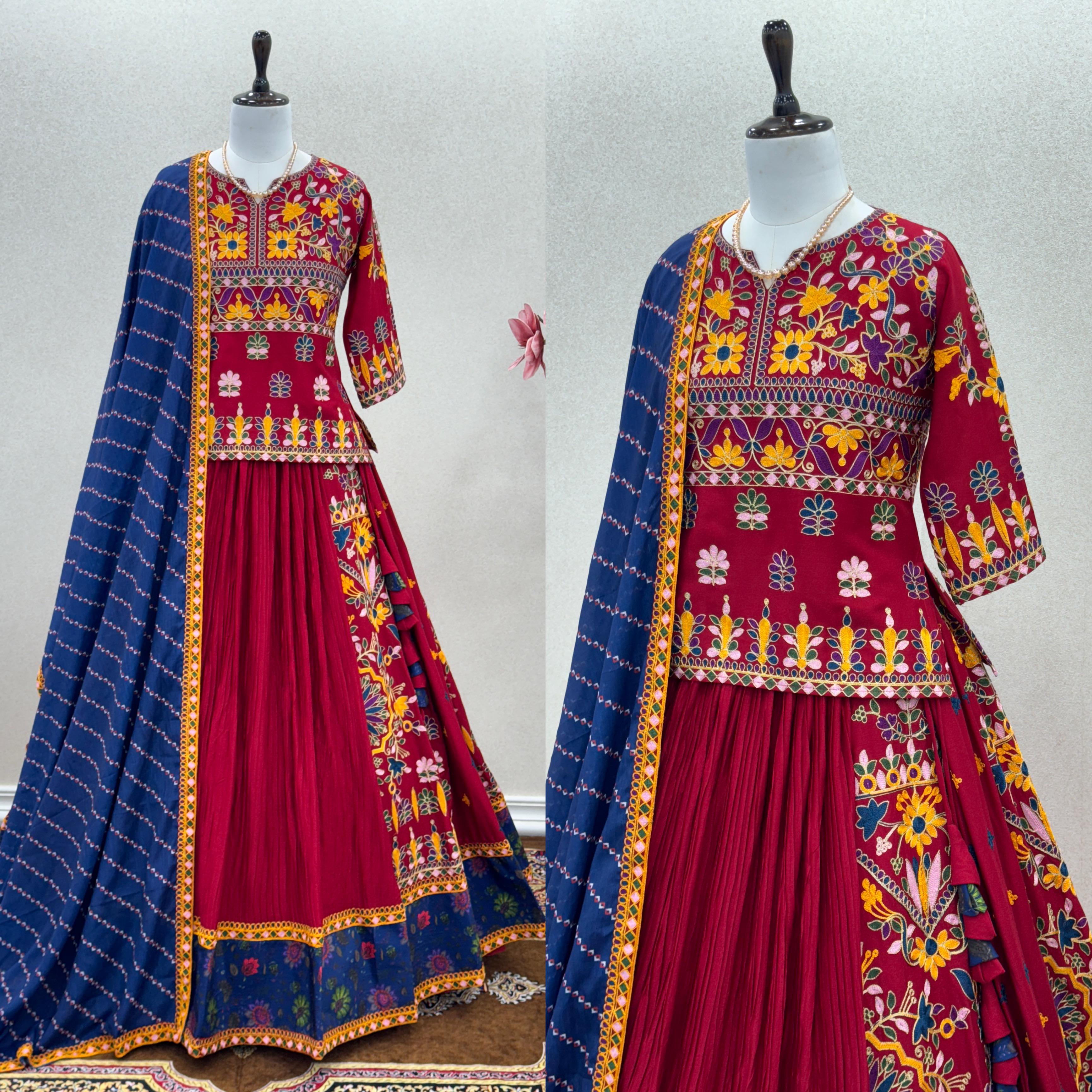 Navratri Style Pure Rayon And Intricately Embroidered Gamthi Work Lehenga Choli