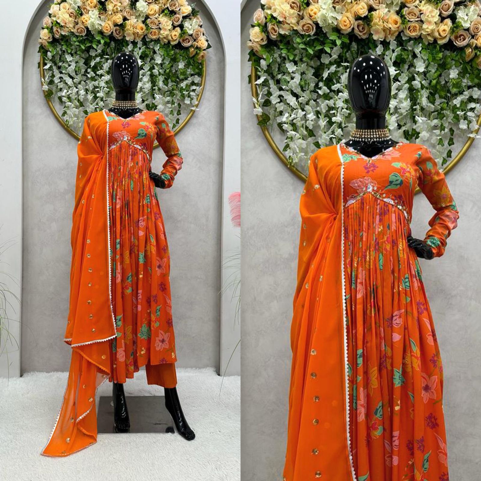 Reception Wear Alia Cut Orange Color Muslin Cotton Anarkali Suit