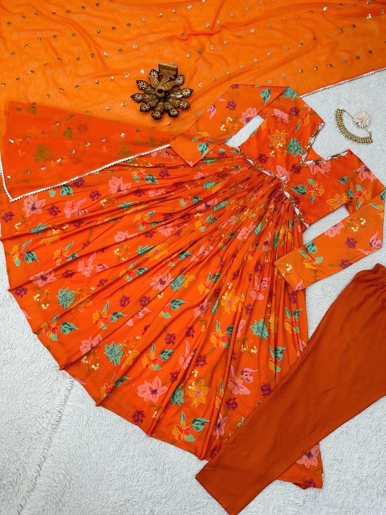 Reception Wear Alia Cut Orange Color Muslin Cotton Anarkali Suit