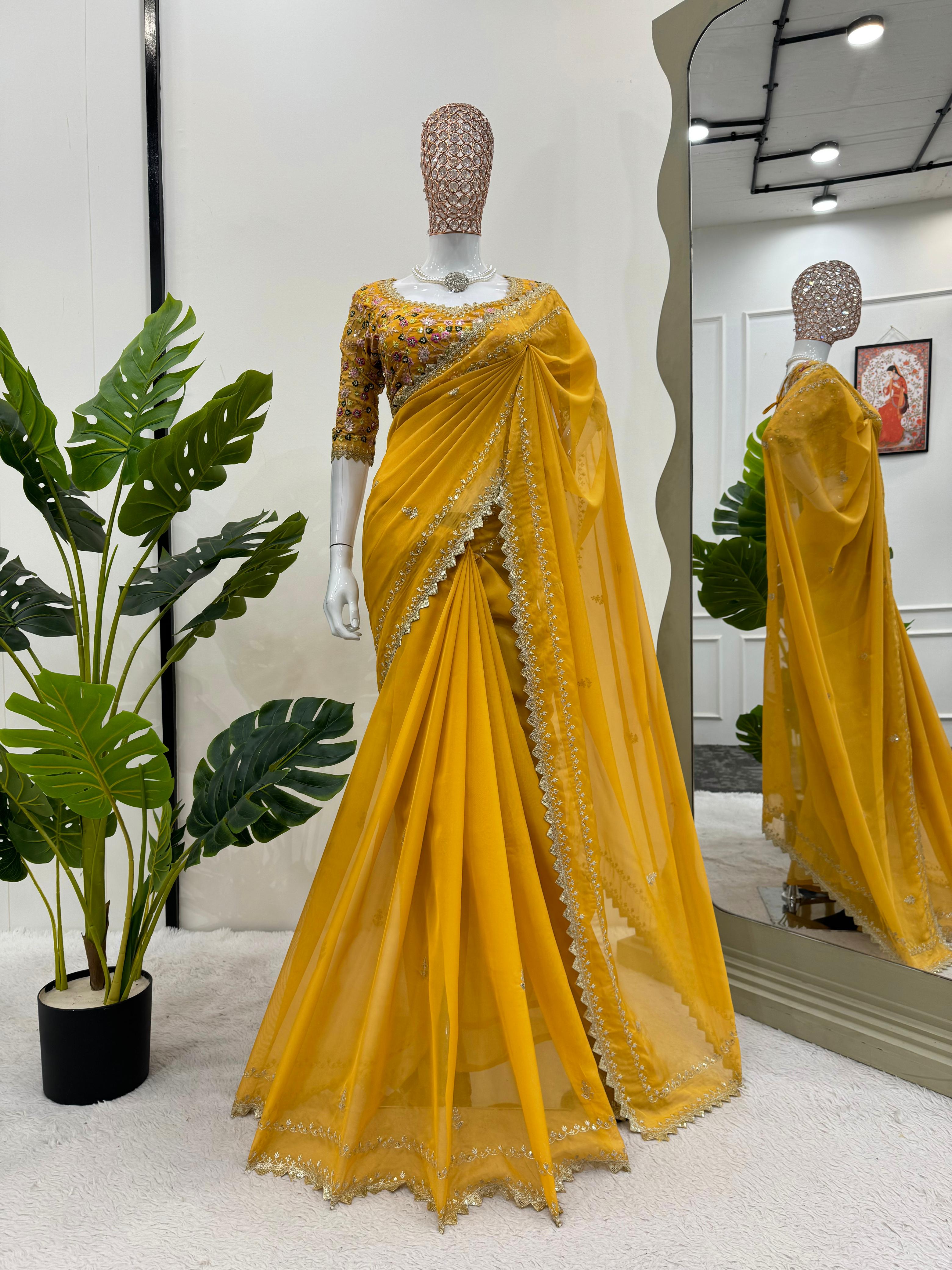 Stylish Designer Yellow Color Tibby Silk Thread With Sequence Work Haldi Wear Saree