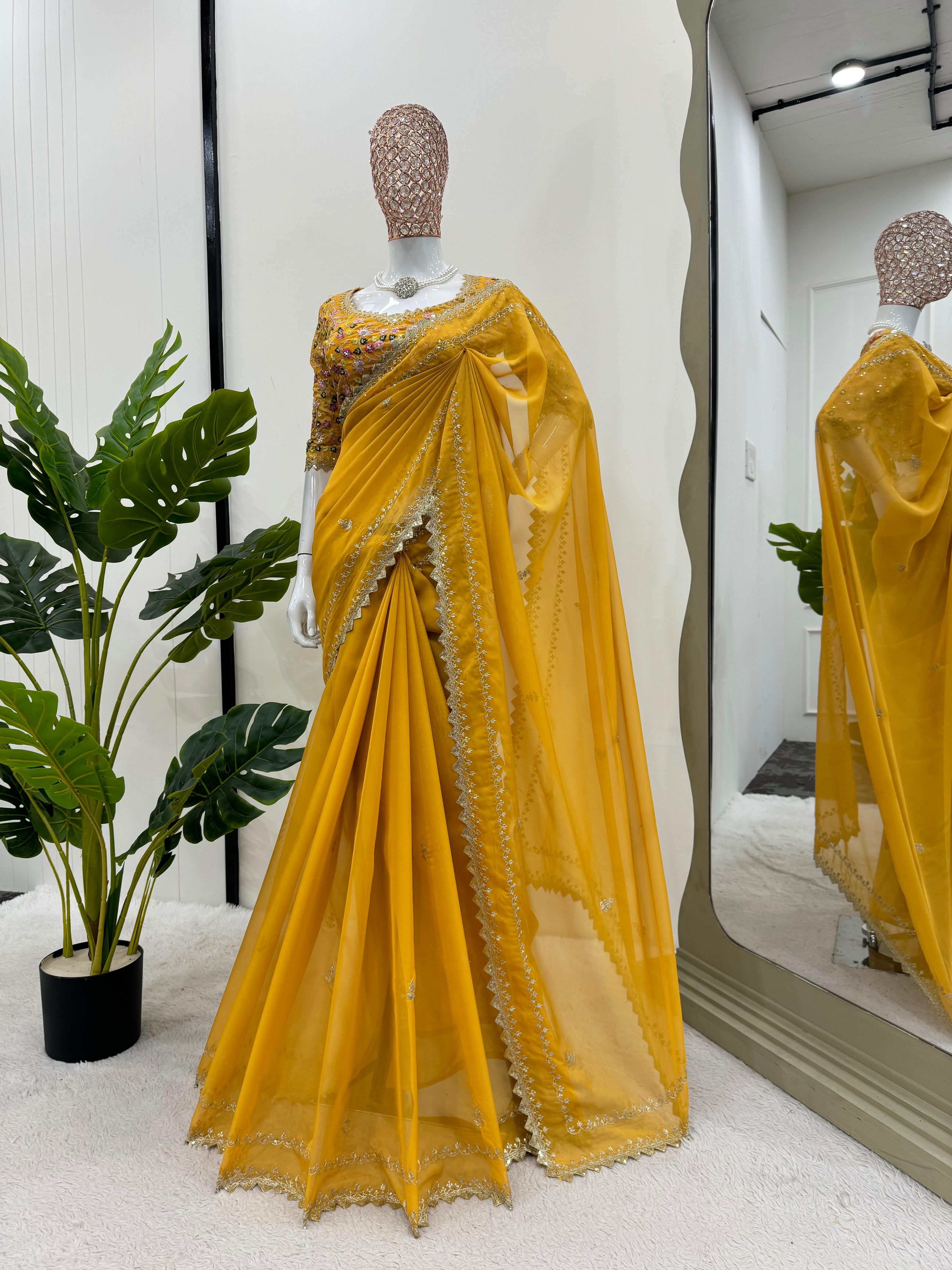 Stylish Designer Yellow Color Tibby Silk Thread With Sequence Work Haldi Wear Saree