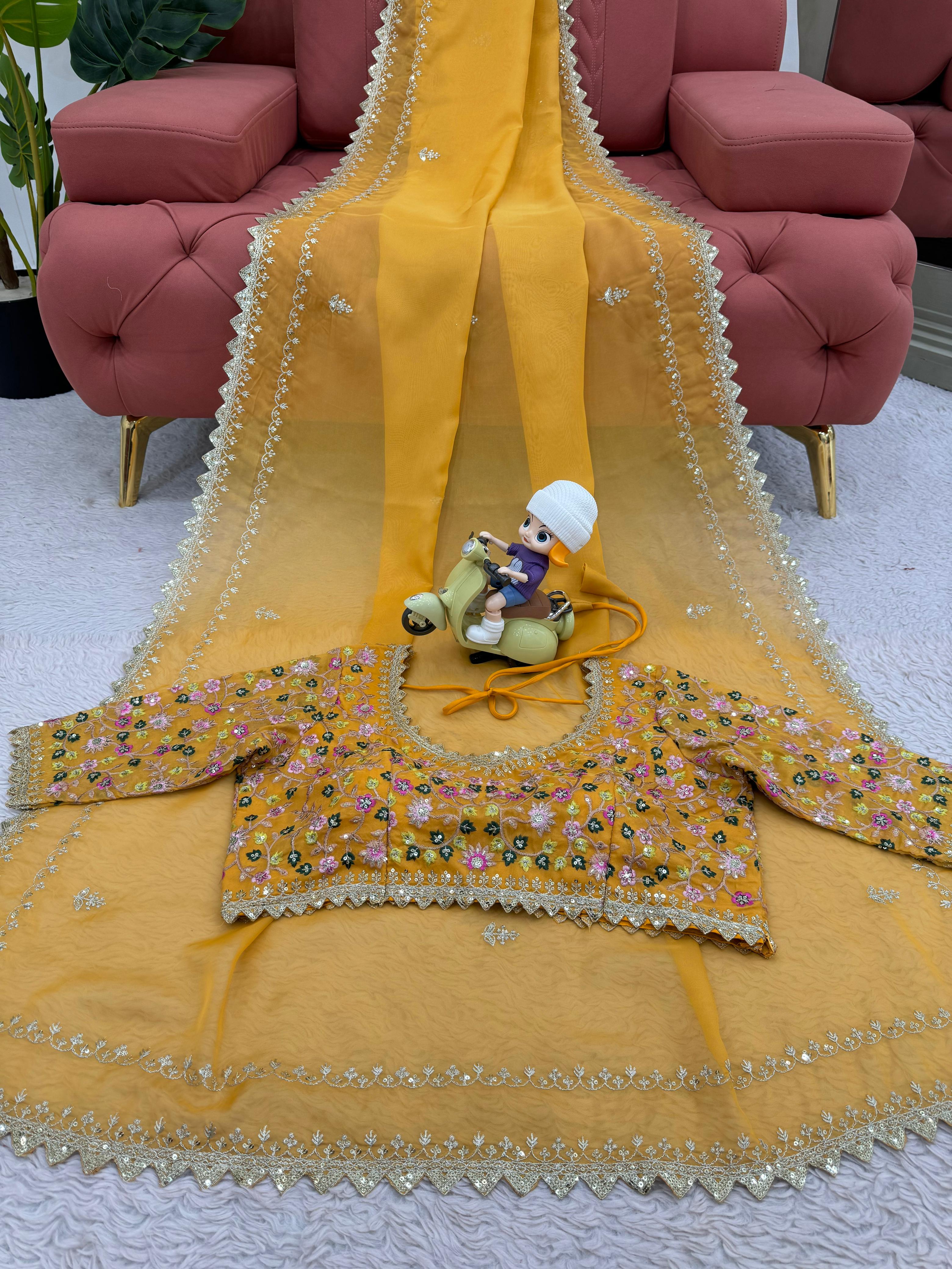 Stylish Designer Yellow Color Tibby Silk Thread With Sequence Work Haldi Wear Saree