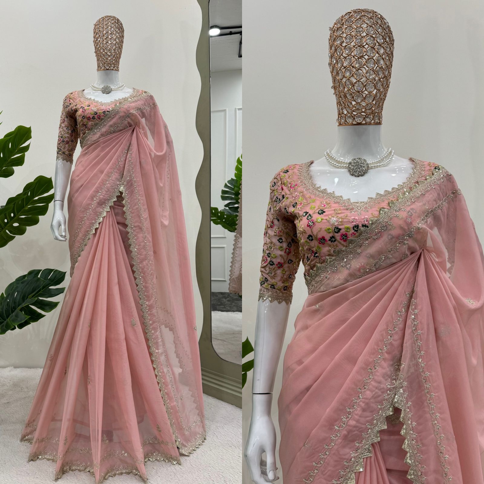 Stylish Designer Peach Color Tibby Silk Thread With Sequence Work Wedding Wear Saree