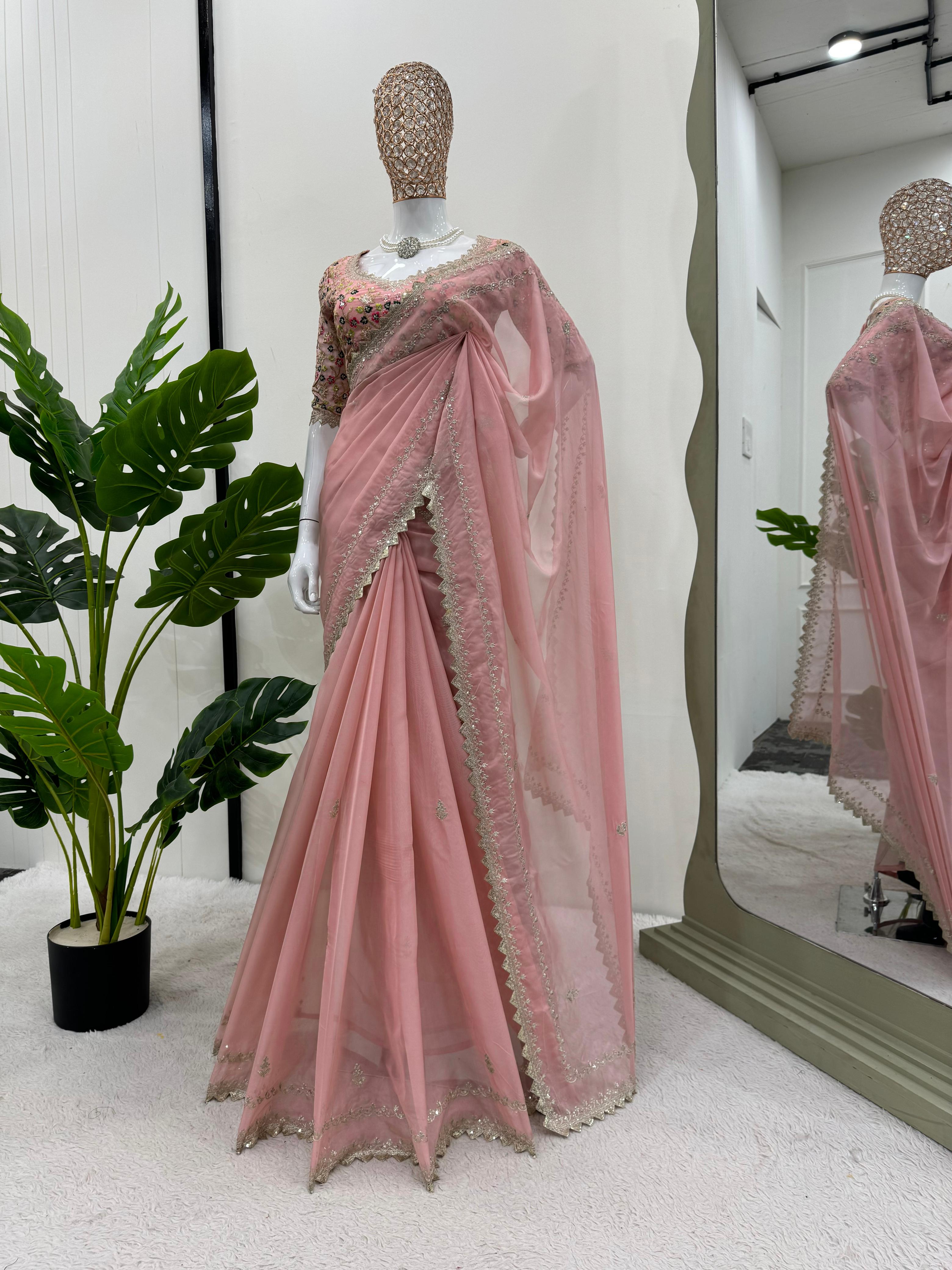 Stylish Designer Peach Color Tibby Silk Thread With Sequence Work Wedding Wear Saree