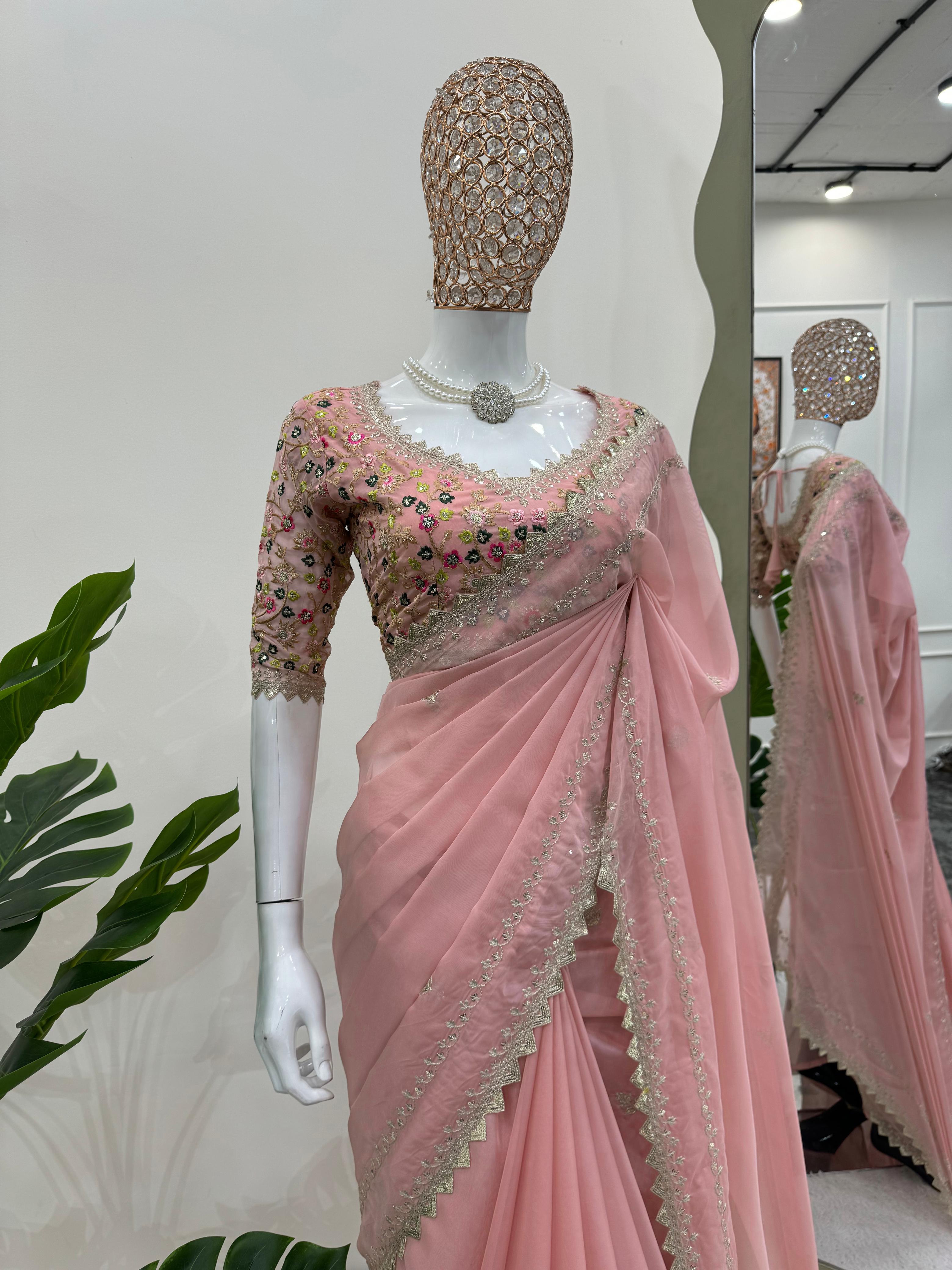 Stylish Designer Peach Color Tibby Silk Thread With Sequence Work Wedding Wear Saree