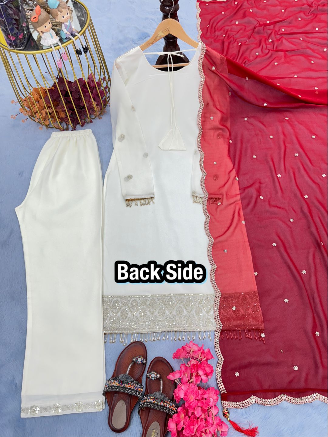 Designer Party Wear Look White Color Heavy Faux Georgette Top Plazzo & Dupatta Set