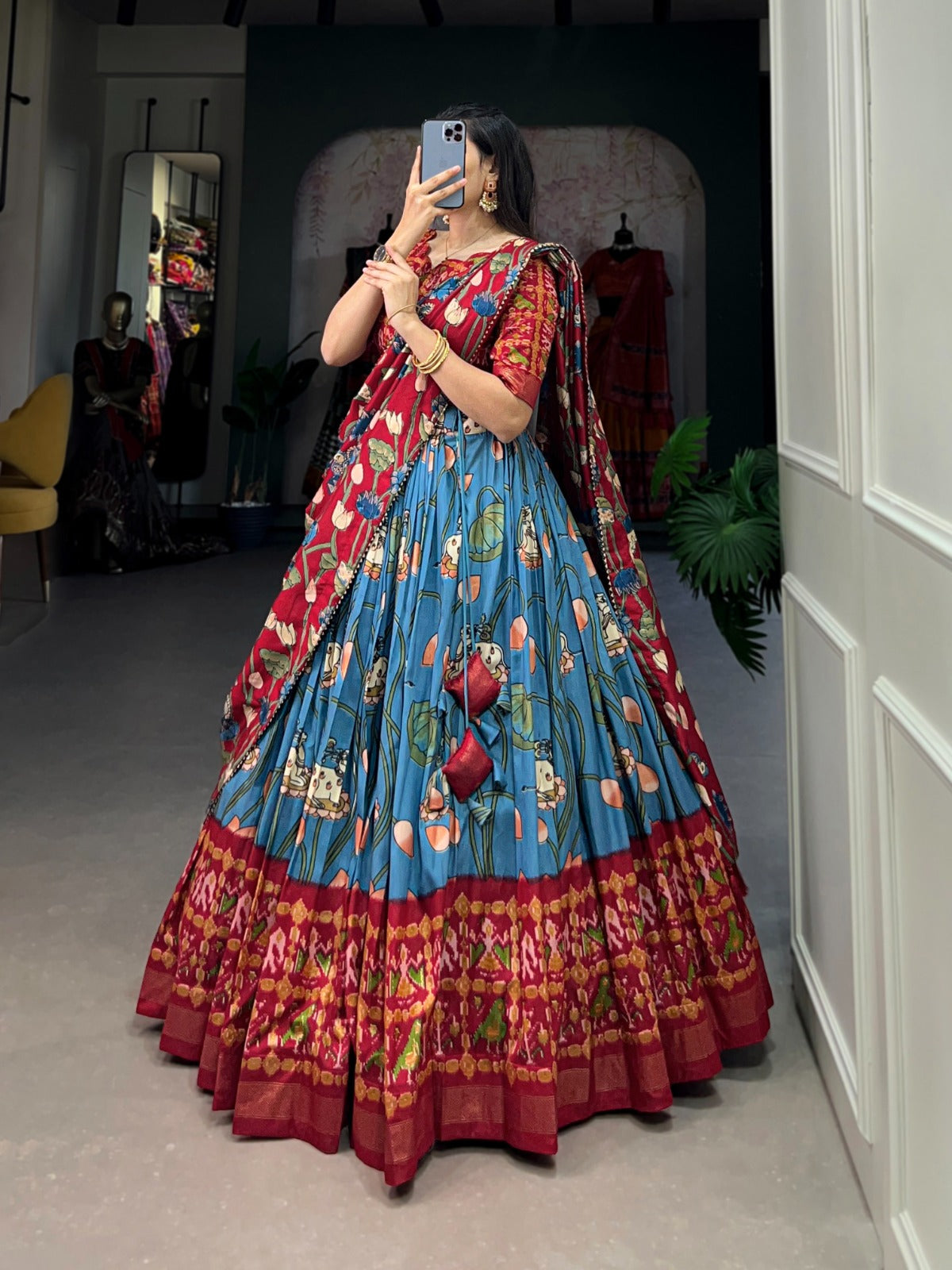 Reception Wear Pichwai And Patola Printed Combination Tussar Silk Blue Lehenga Choli