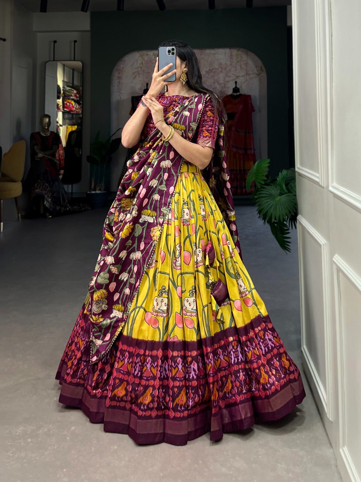 Haldi Wear Pichwai And Patola Printed Combination Tussar Silk Yellow Lehenga Choli