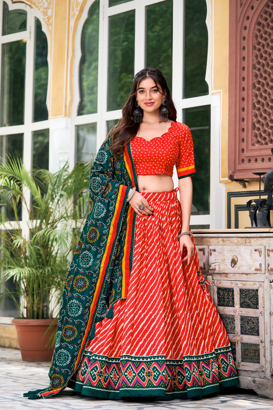 Attractive Red Color Leheriya Print Tussar Silk Navratri Collection Lehenga Choli