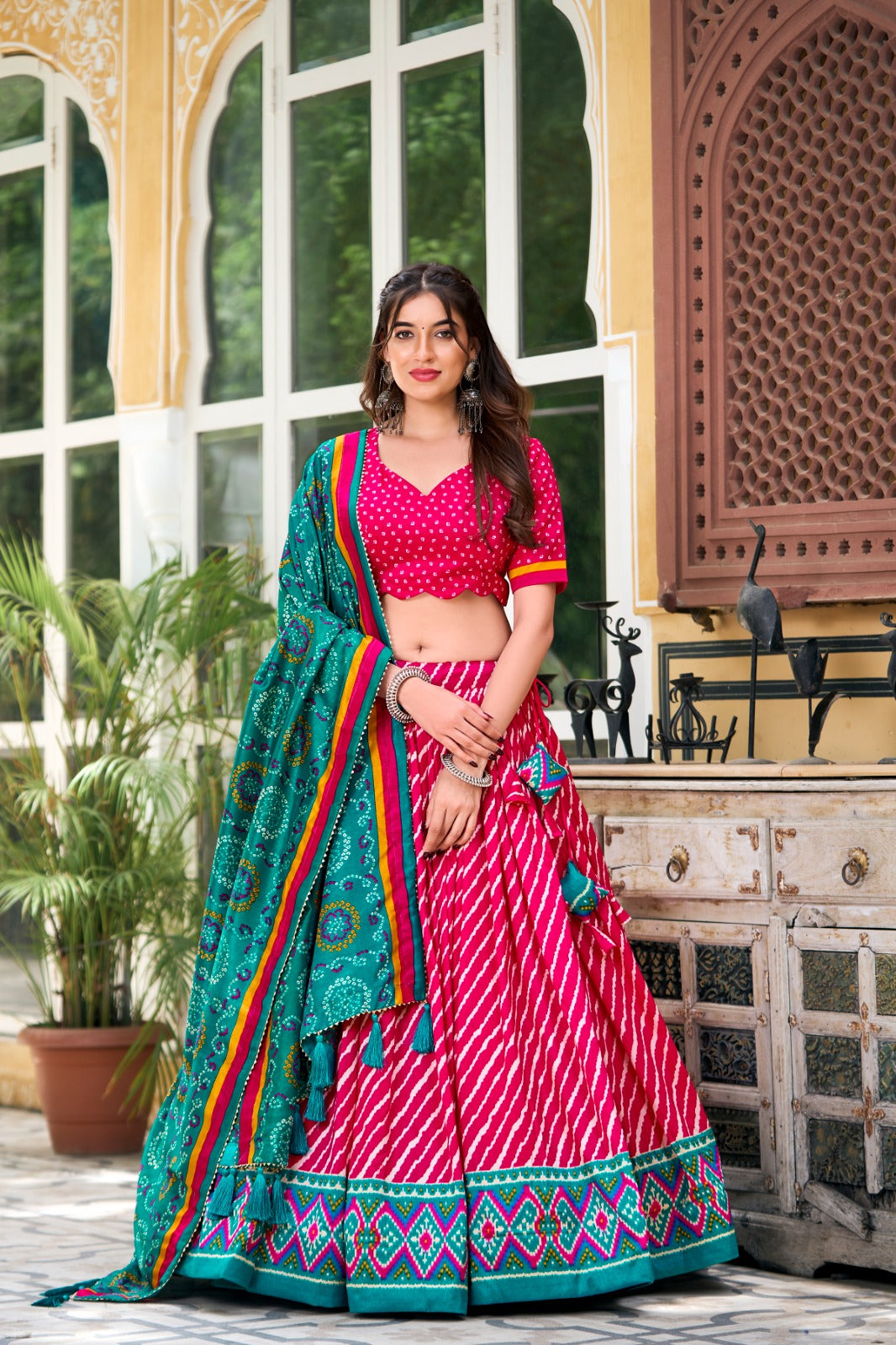 Pink Color Leheriya Print Tussar Silk Garba Special Lehenga Choli