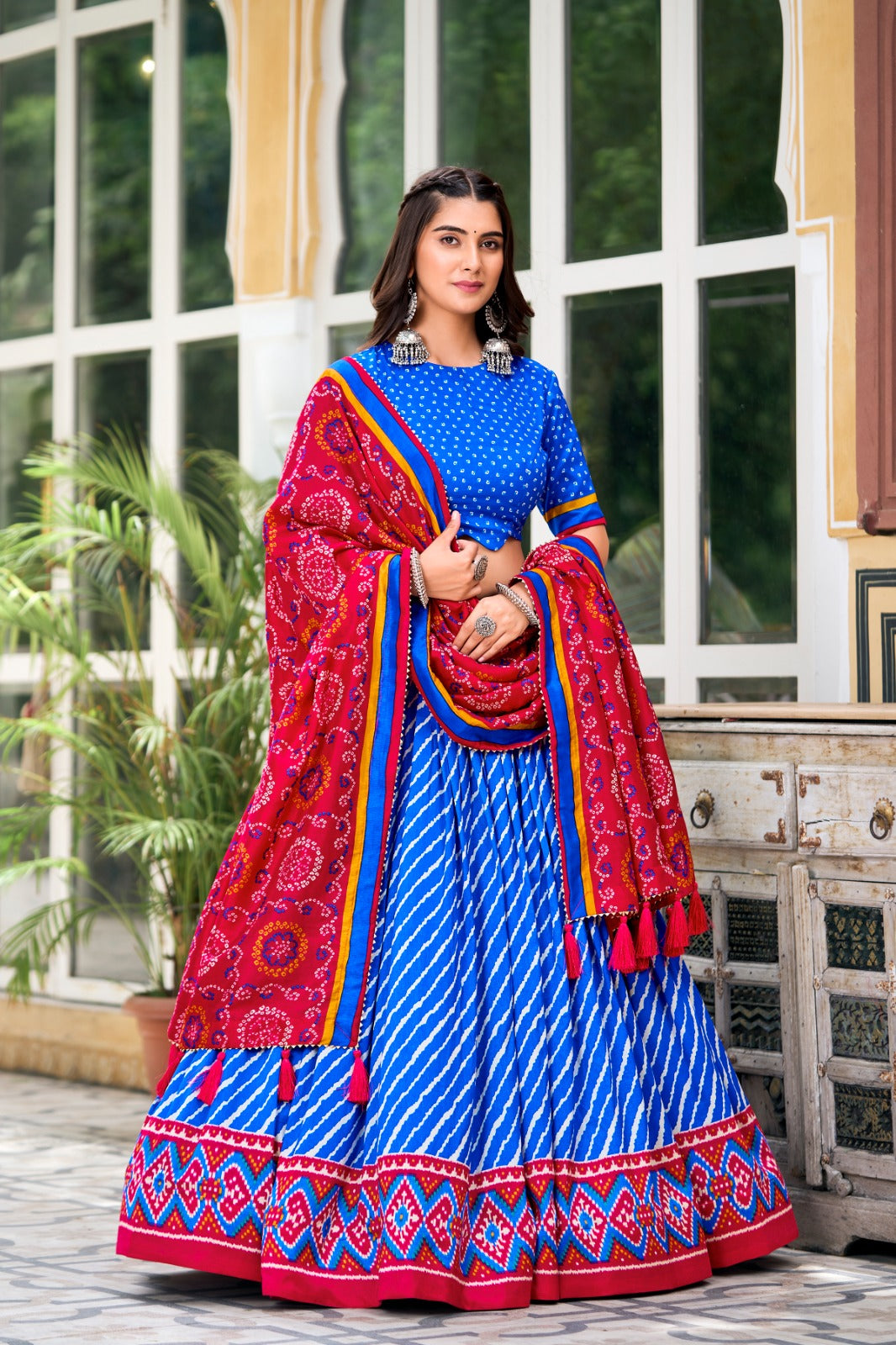 Blue Color Leheriya Print Tussar Silk Navratri Collection Lehenga Choli