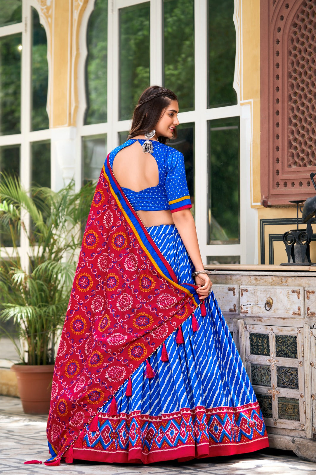 Blue Color Leheriya Print Tussar Silk Navratri Collection Lehenga Choli