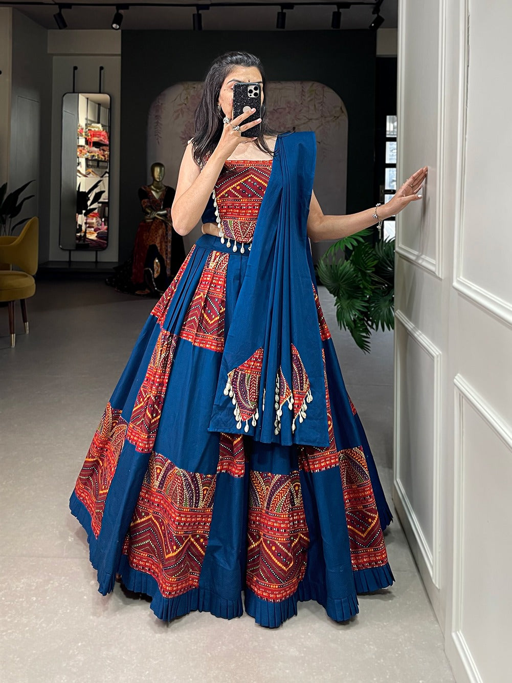 Garba Collection Blue Color Pure Cotton Printed With Foil Work Navratri Lehenga Choli