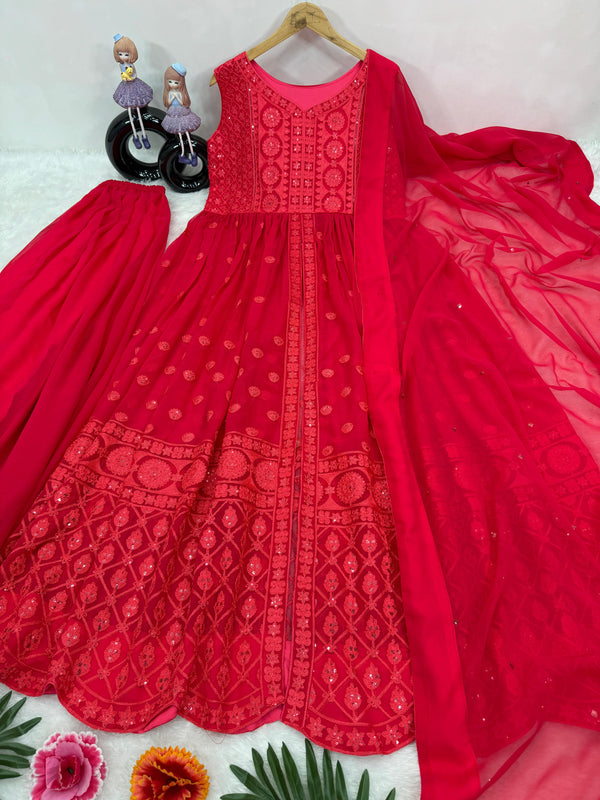 Designer Red Color Heavy Fuax Georgette Fancy Cut Top With Plazzo Suit Set