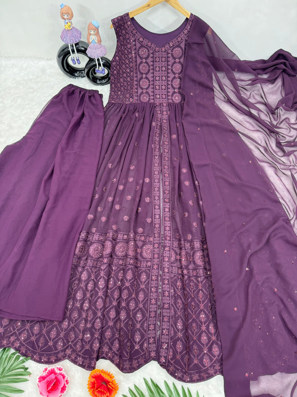 Designer Lavender Color Heavy Fuax Georgette Fancy Cut Top With Plazzo Suit Set