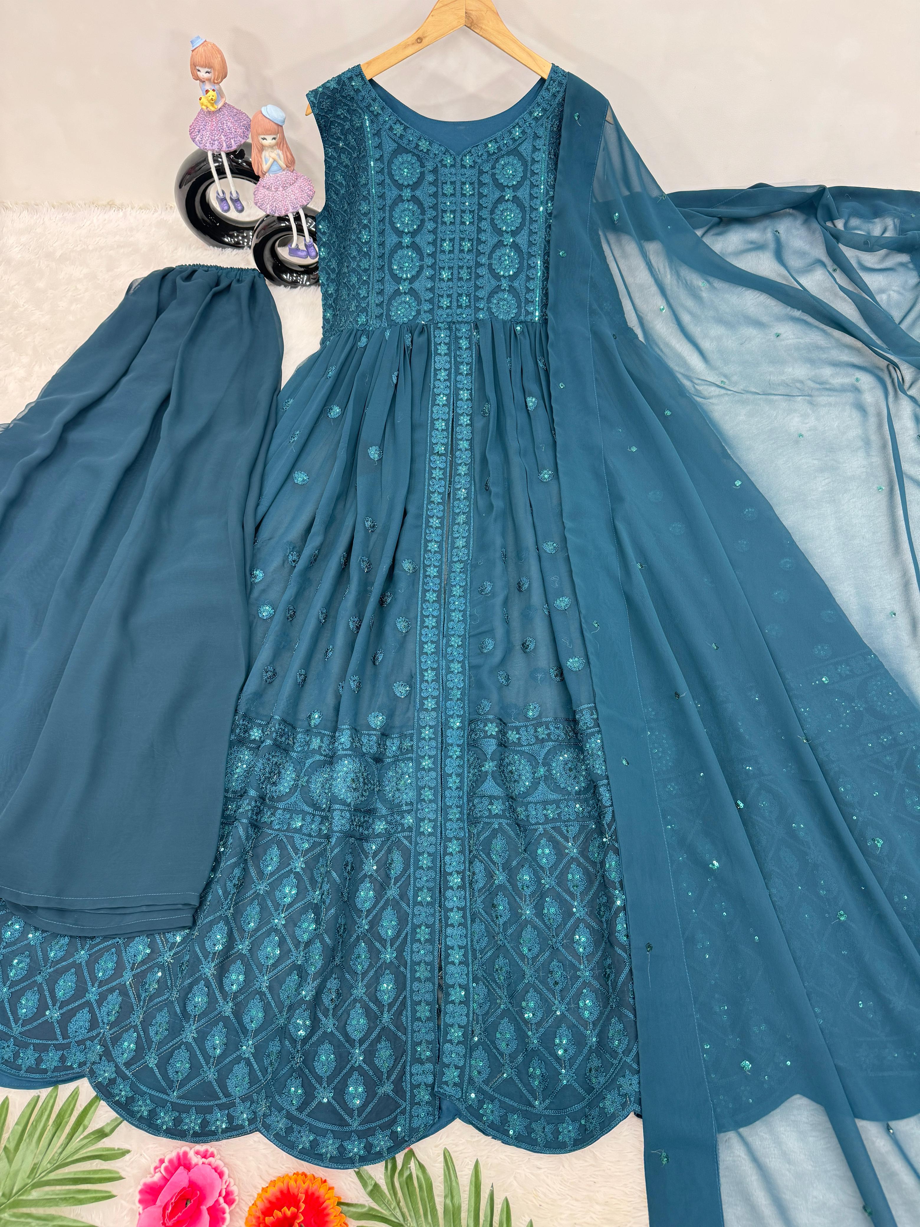 Designer Teal Color Heavy Fuax Georgette Fancy Cut Top With Plazzo Suit Set