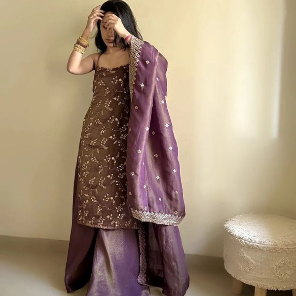 Purple Color Organza With Sequence Work Sharara Set With Straps