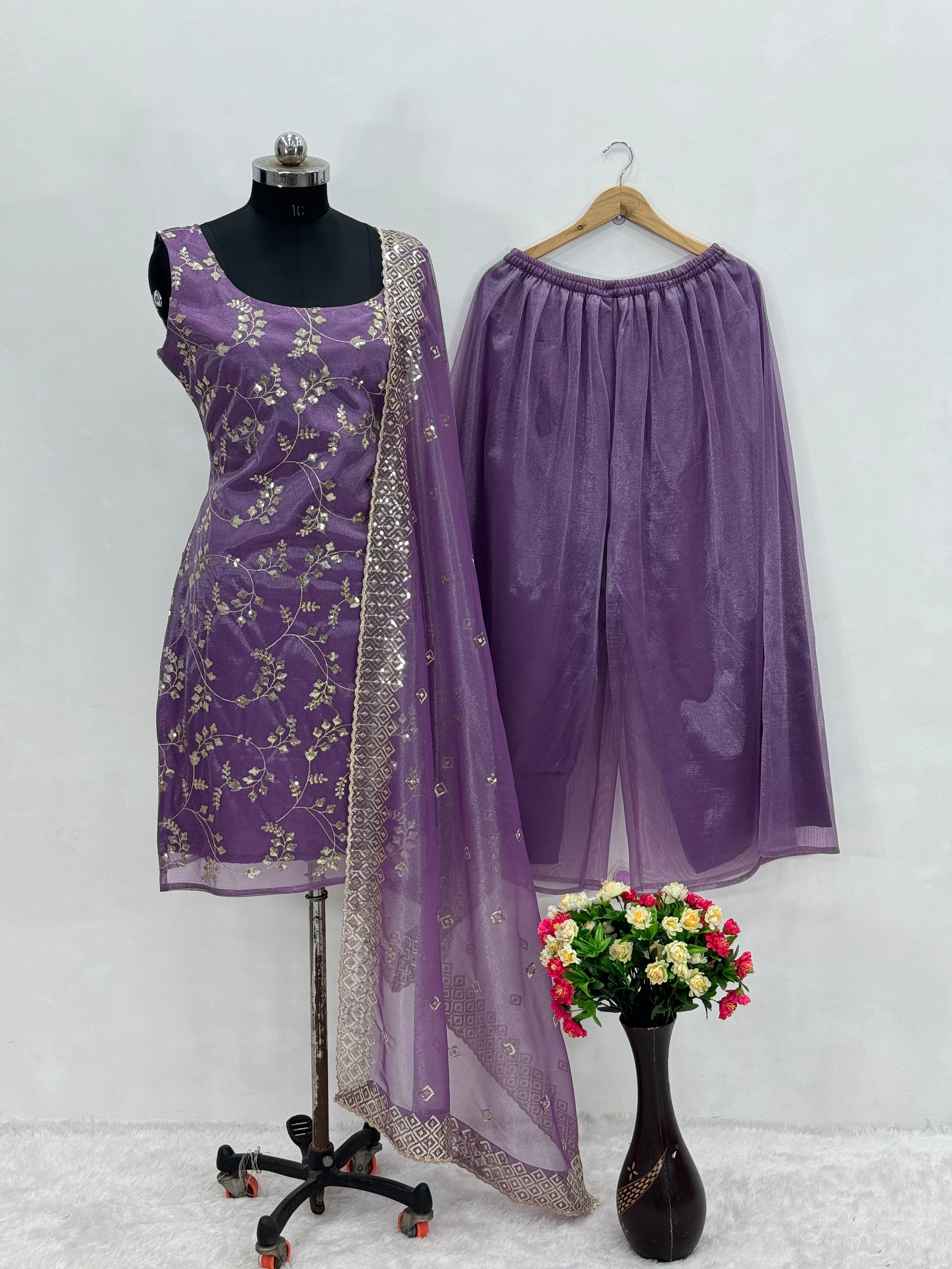 Purple Color Organza With Sequence Work Sharara Set With Straps