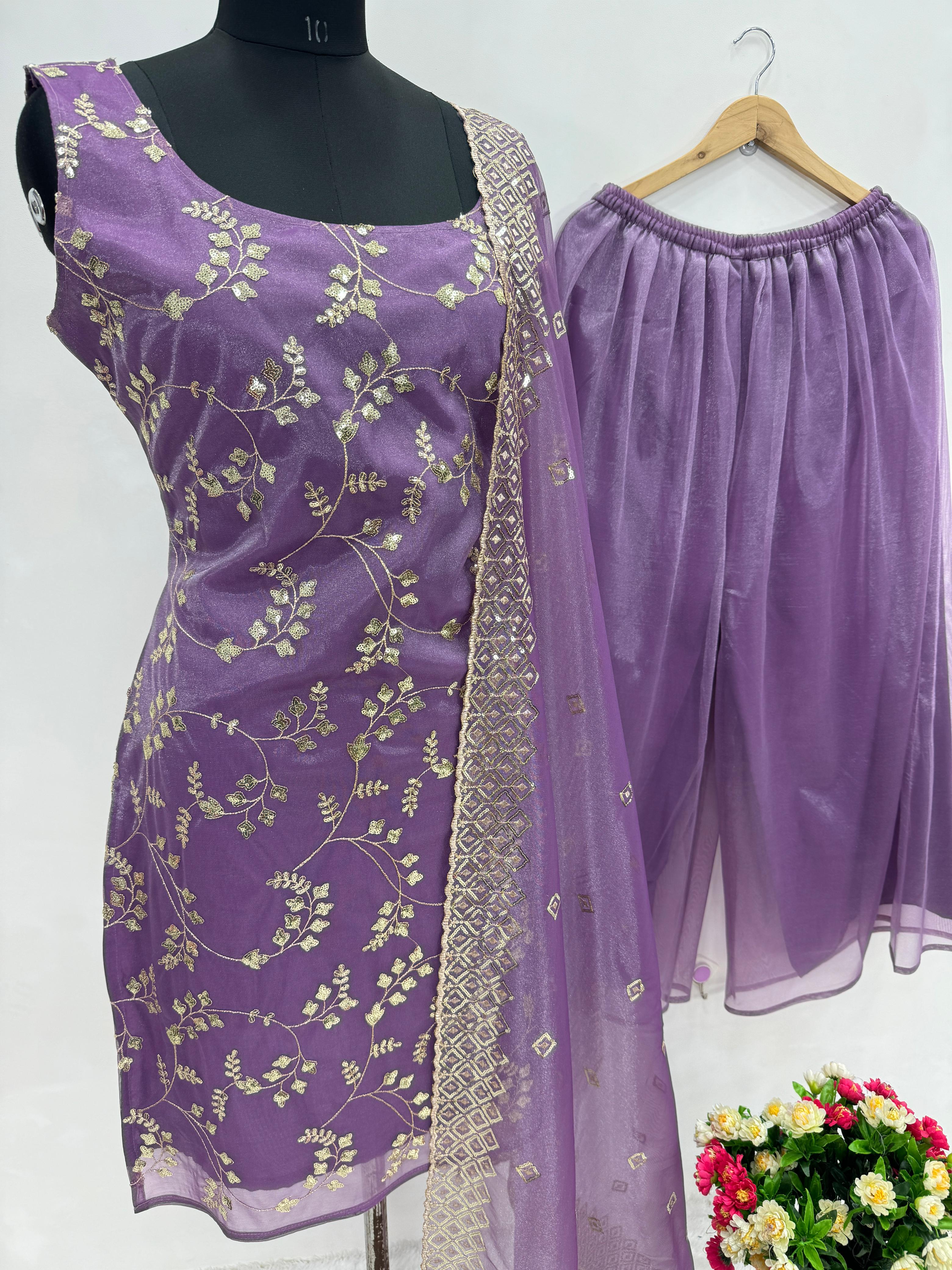 Purple Color Organza With Sequence Work Sharara Set With Straps