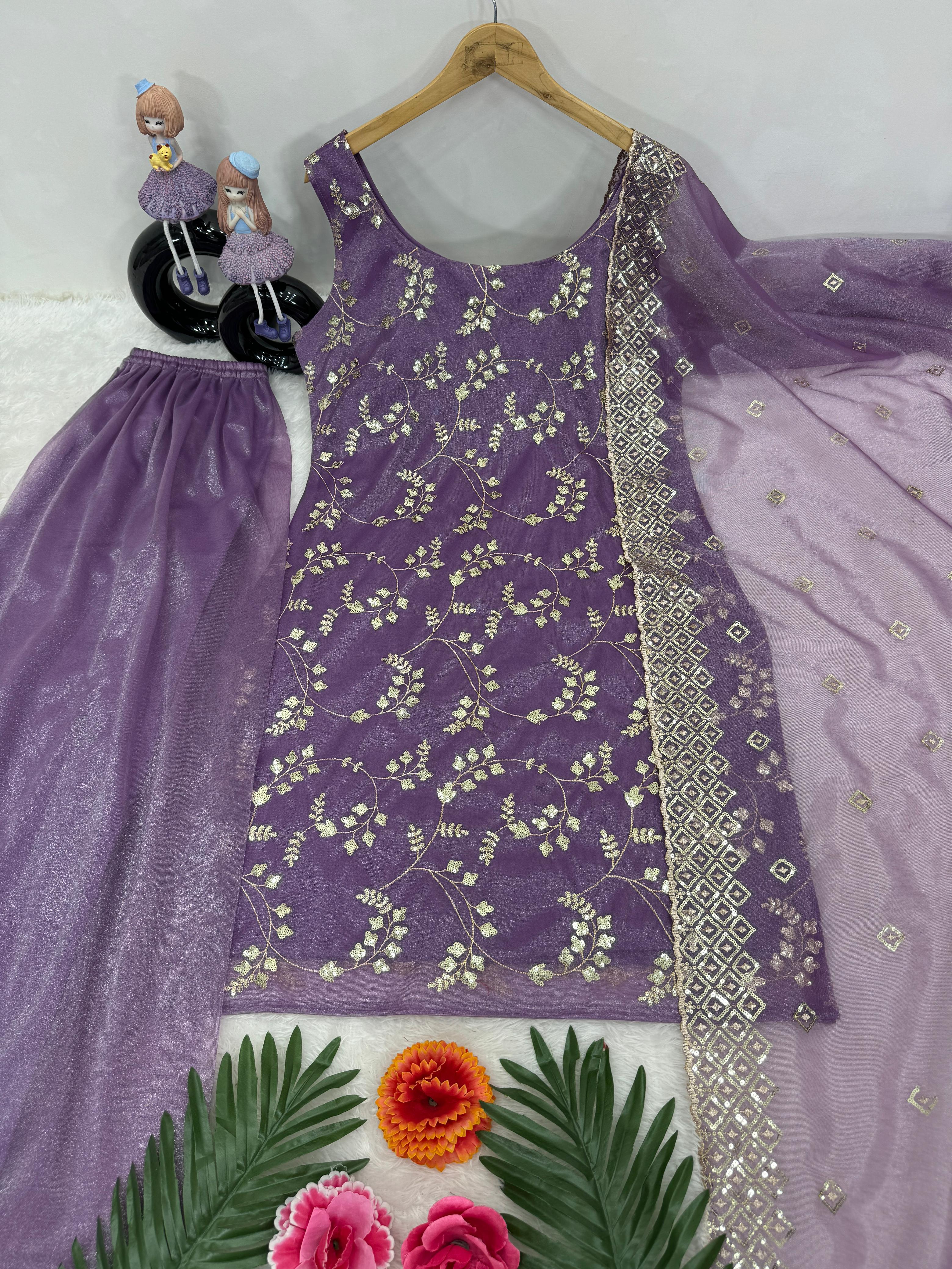 Purple Color Organza With Sequence Work Sharara Set With Straps