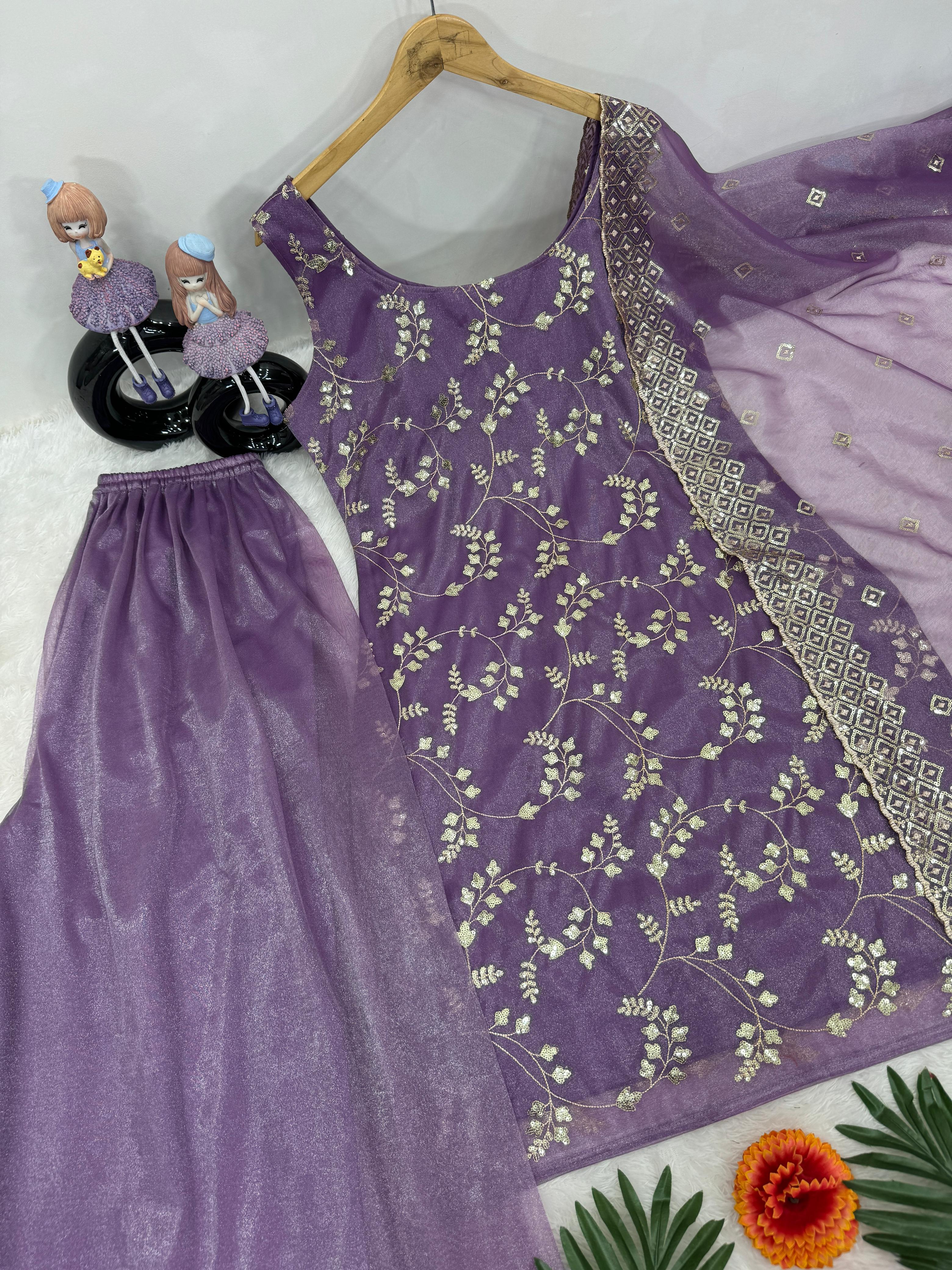 Purple Color Organza With Sequence Work Sharara Set With Straps