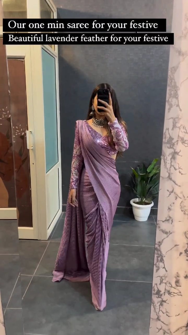 Mesmerizing Lavender Color Chinon Silk And Heavy Crush Work Ready To Wear Saree