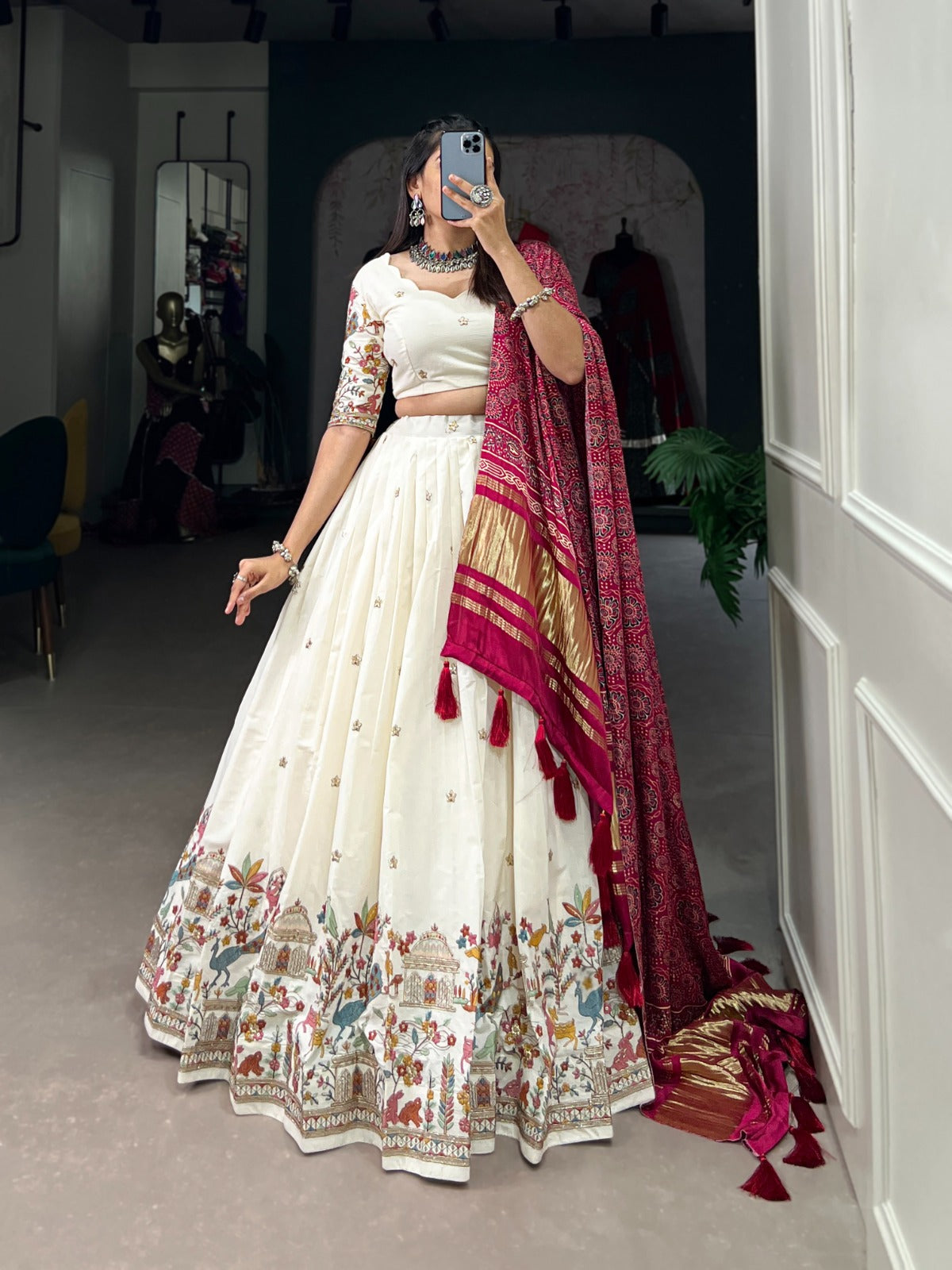 Wedding Wear White Color Khadi Cotton Sequins And Thread Embroidery Work Designer Lehenga Choli With Marron Dupatta