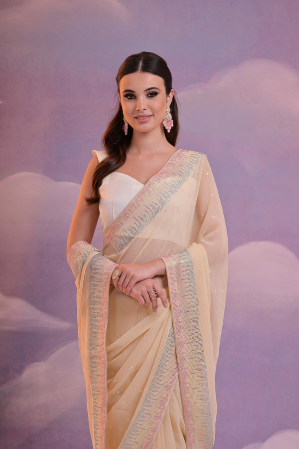 Attractive Cream Color Siroski Multi Colour Diamond Work With Sequence Embroidery Work Saree