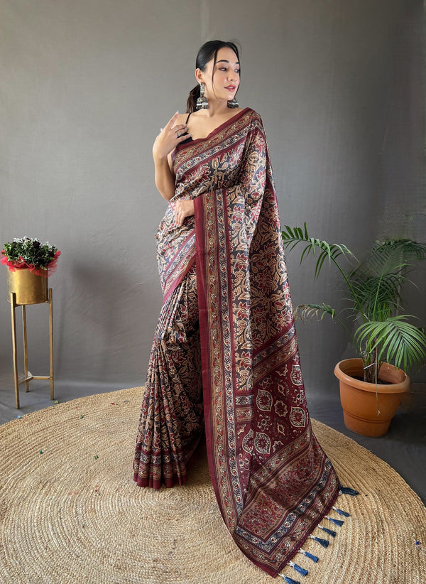 Formal Wear Maroon Color Digital Printed Semi Silk Weaves Designer Saree