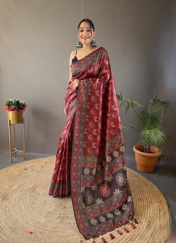 Formal Wear Dark Maroon Color Digital Printed Semi Silk Weaves Designer Saree